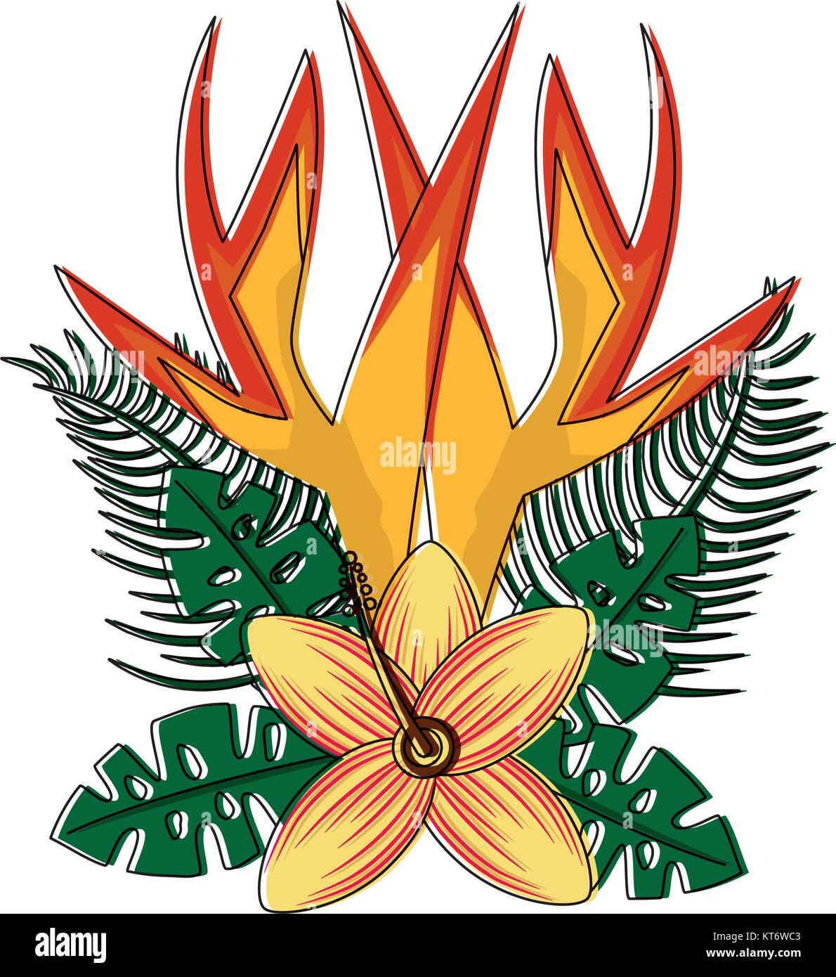 Arrangement tropical Hibiscus fleurs exotiques et d'oiseaux de paradis quitte vector illustration Illustration de Vecteur