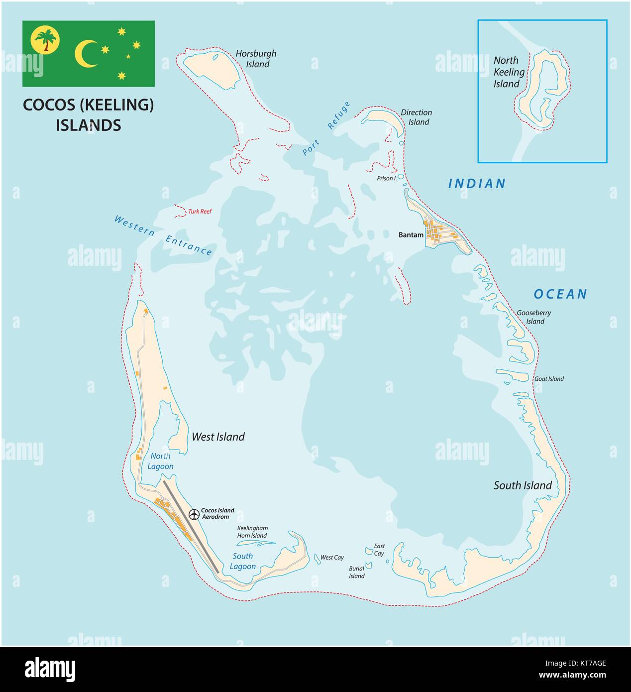 Les îles Cocos (Keeling) Islands carte vectorielle avec drapeau Illustration de Vecteur