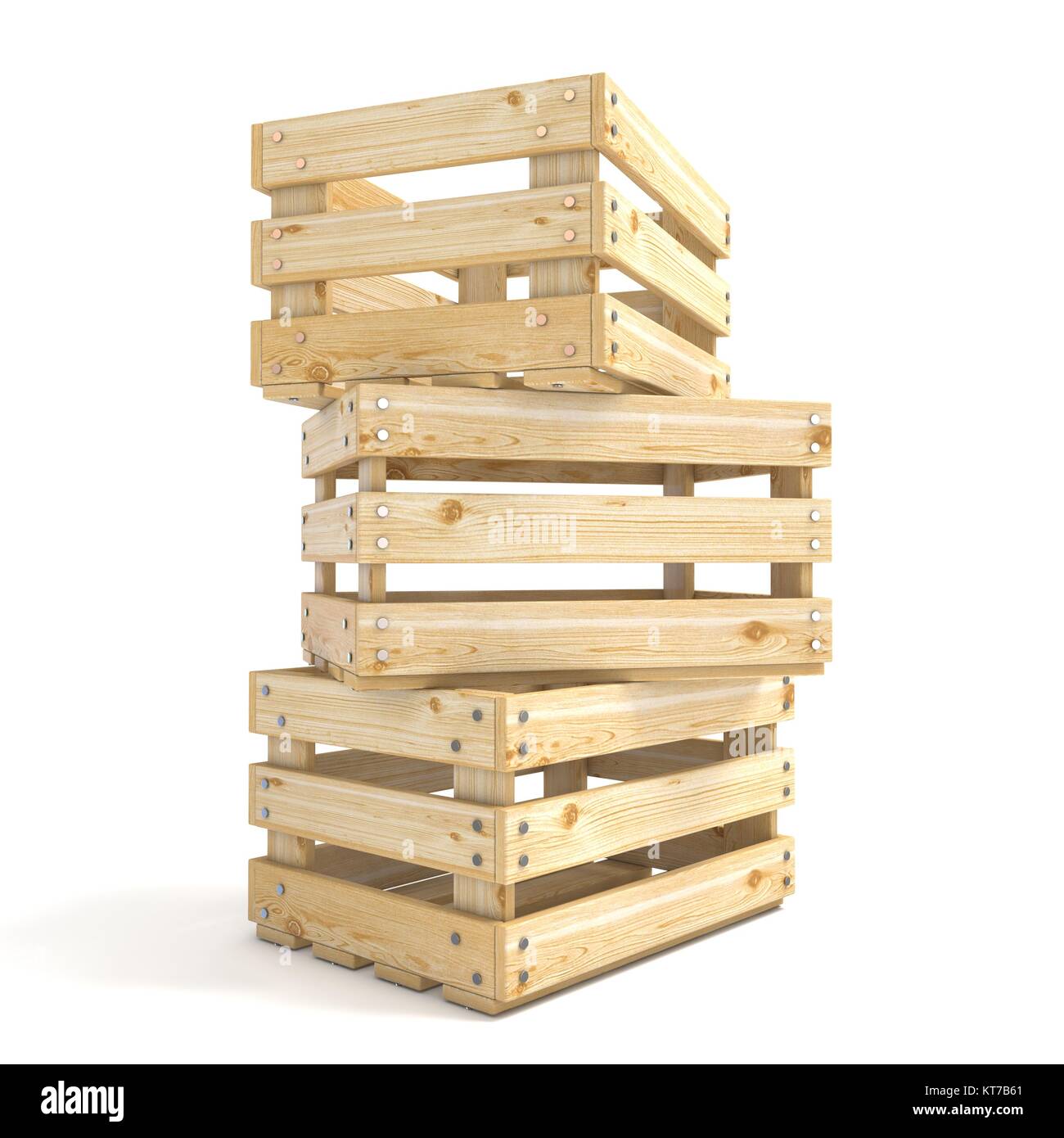 Trois caisses en bois vides 3D Vue de côté Banque D'Images