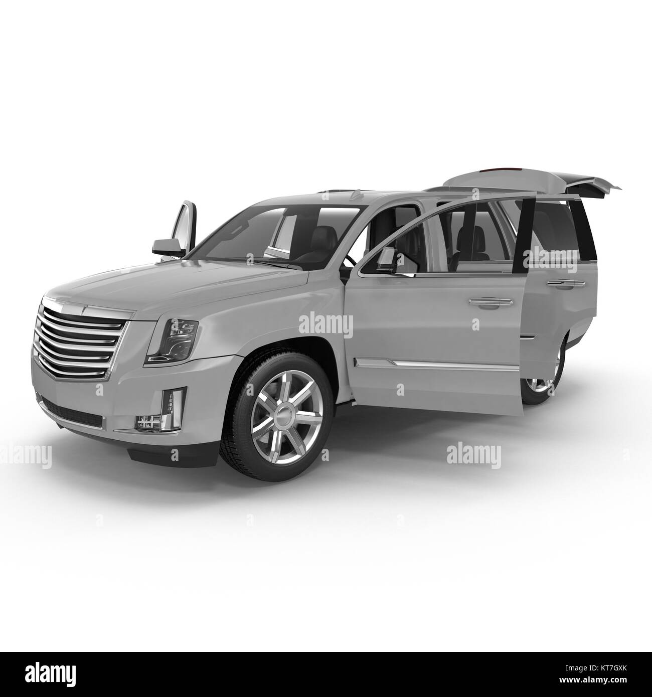 Véhicule utilitaire sport argent isolé sur fond blanc. Les portes ouvertes. 3D illustration Banque D'Images