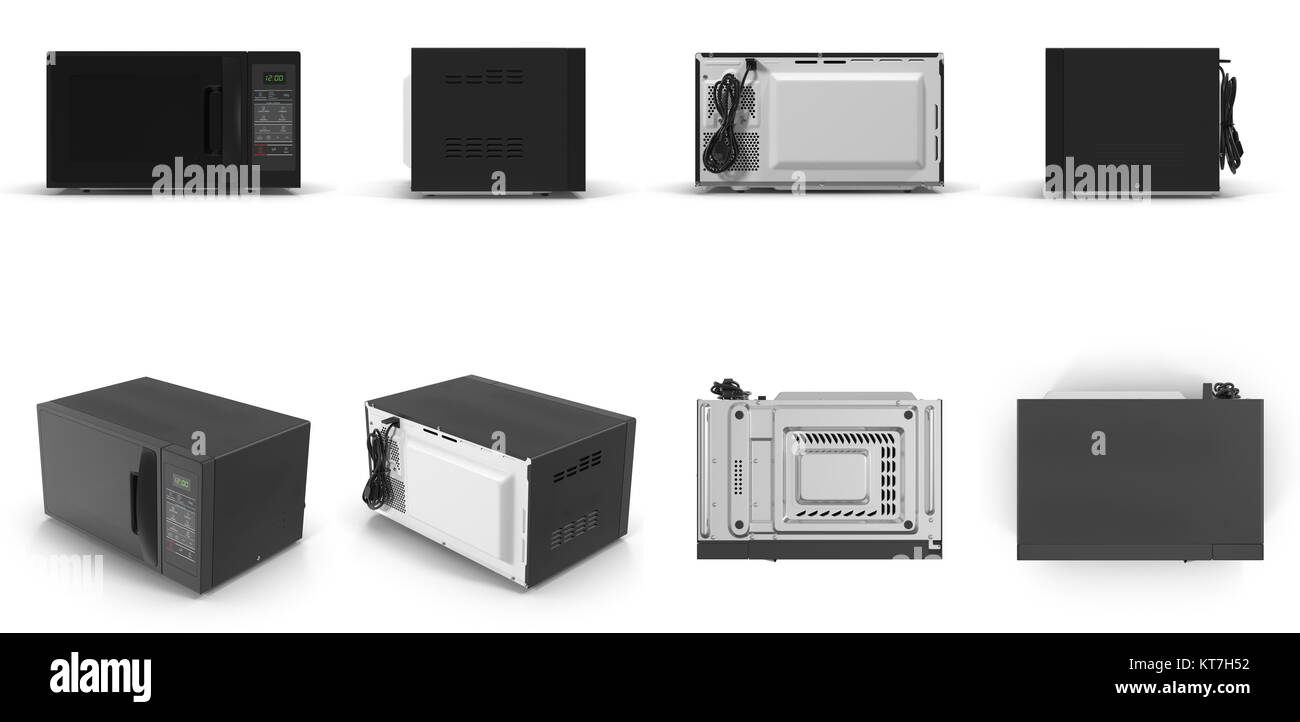 Four à micro-ondes, d'un design moderne. rend défini à partir d'angles différents sur un fond blanc. 3D illustration Banque D'Images
