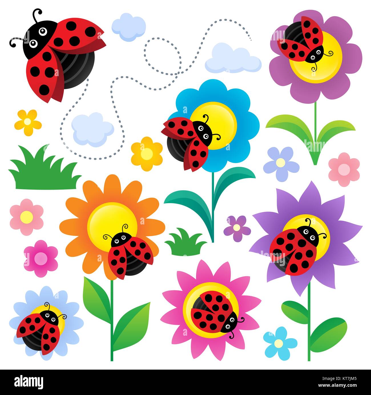 Les coccinelles et les fleurs Ensemble thématique Banque D'Images