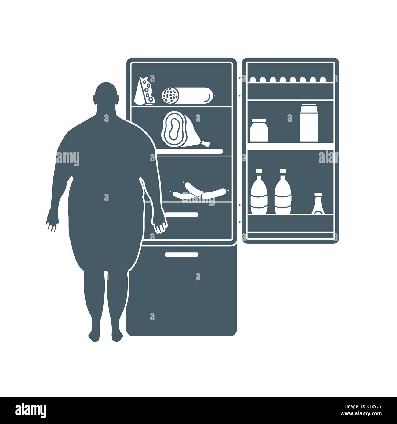 Fat Man est à l'un réfrigérateur plein de nourriture. Les habitudes alimentaires néfastes. Bannière pour la conception et l'impression. Illustration de Vecteur