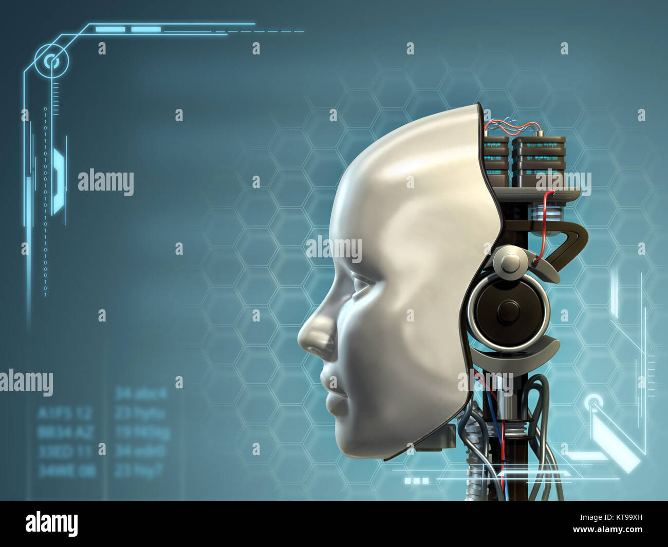 Une partie d'android a retiré son masque de tête, révélant sa technologie de l'intérieur. Illustration numérique. Banque D'Images