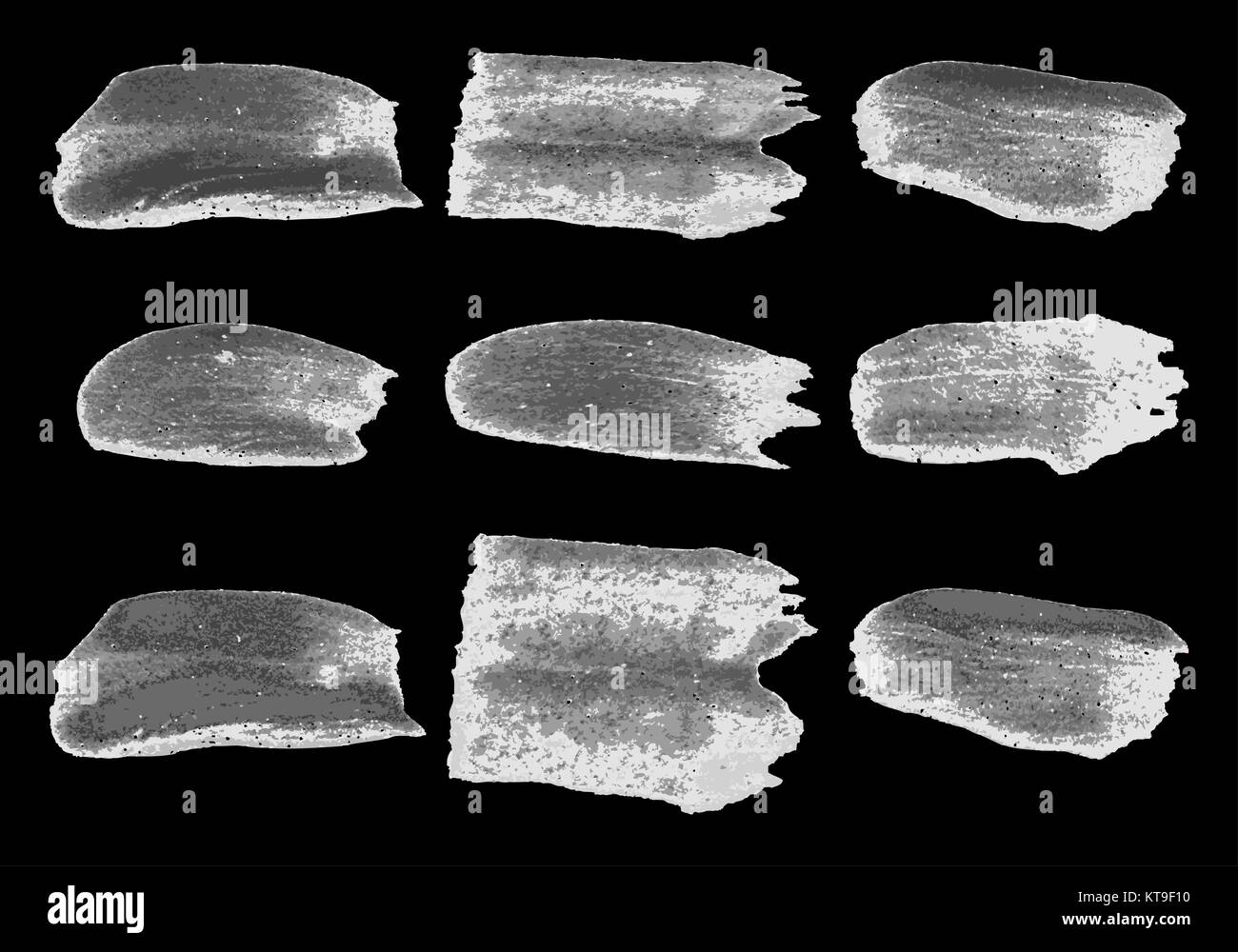 Coup de pinceau peinture gris vecteur abstrait sur fond noir set Banque D'Images