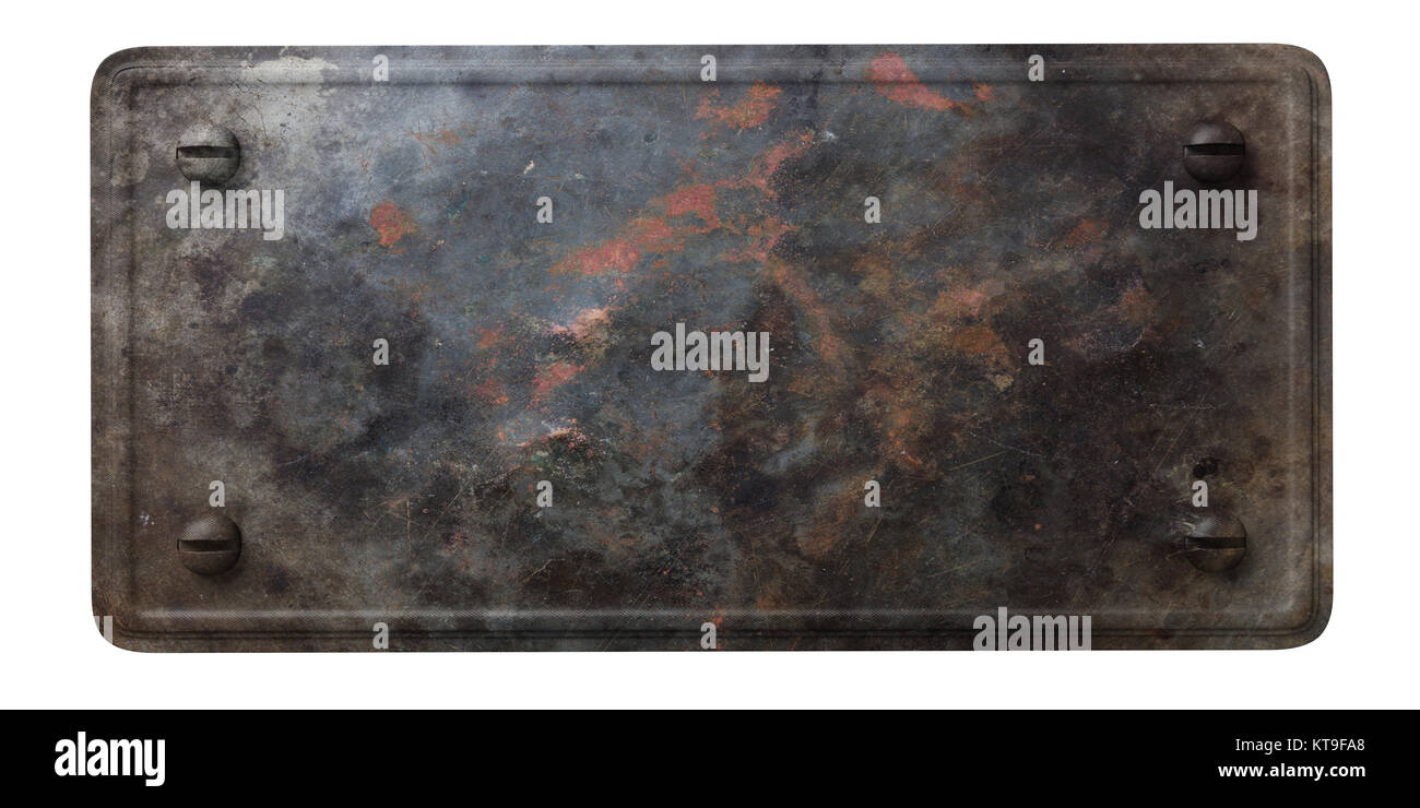 Rusty black metal plaque avec vis isolé sur fond blanc. 3d illustration Banque D'Images