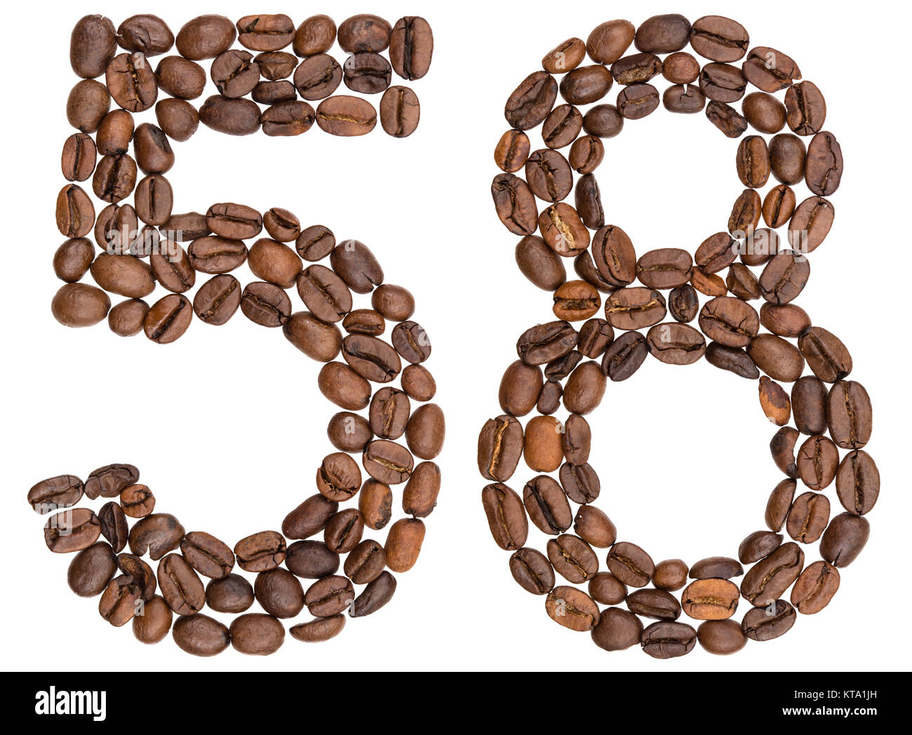 Chiffre arabe 58, cinquante huit, avec des grains de café, isolé sur fond blanc Banque D'Images