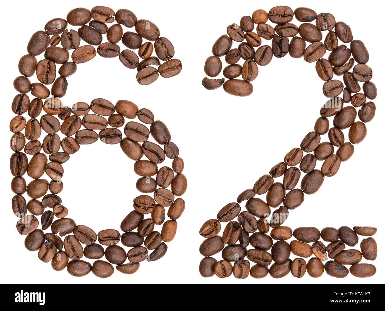 Chiffre arabe 62, soixante-deux, avec des grains de café, isolé sur fond blanc Banque D'Images
