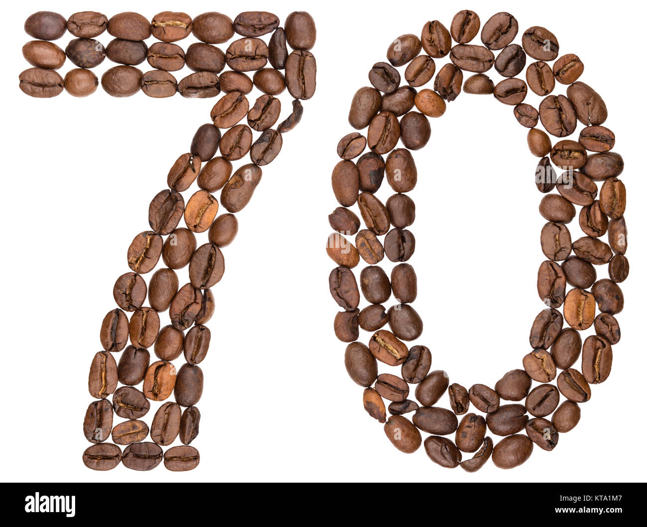 Chiffre arabe 70, soixante-dix, avec des grains de café, isolé sur fond blanc Banque D'Images