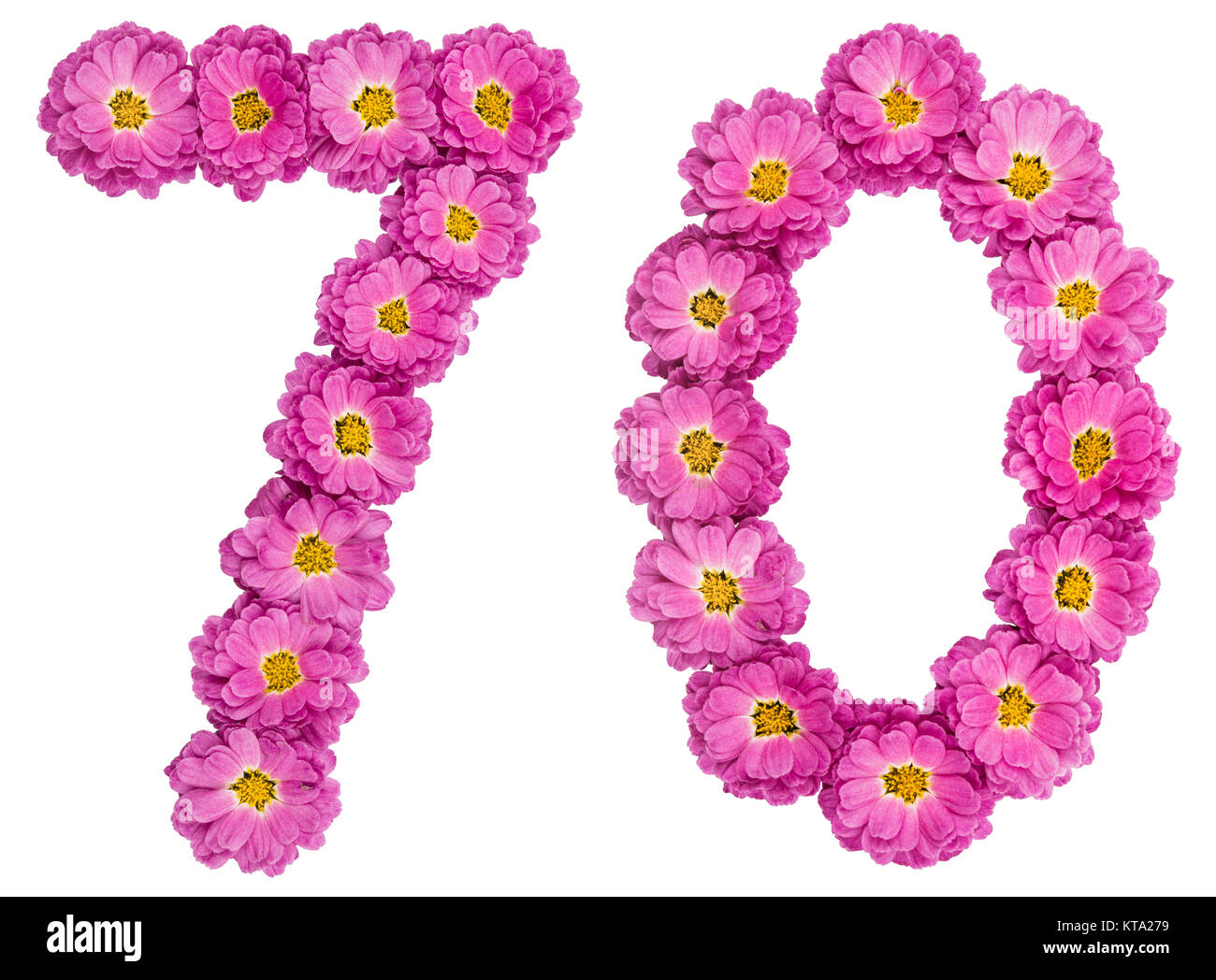 Chiffre arabe 70, soixante-dix, des fleurs de chrysanthème, isolé sur fond blanc Banque D'Images