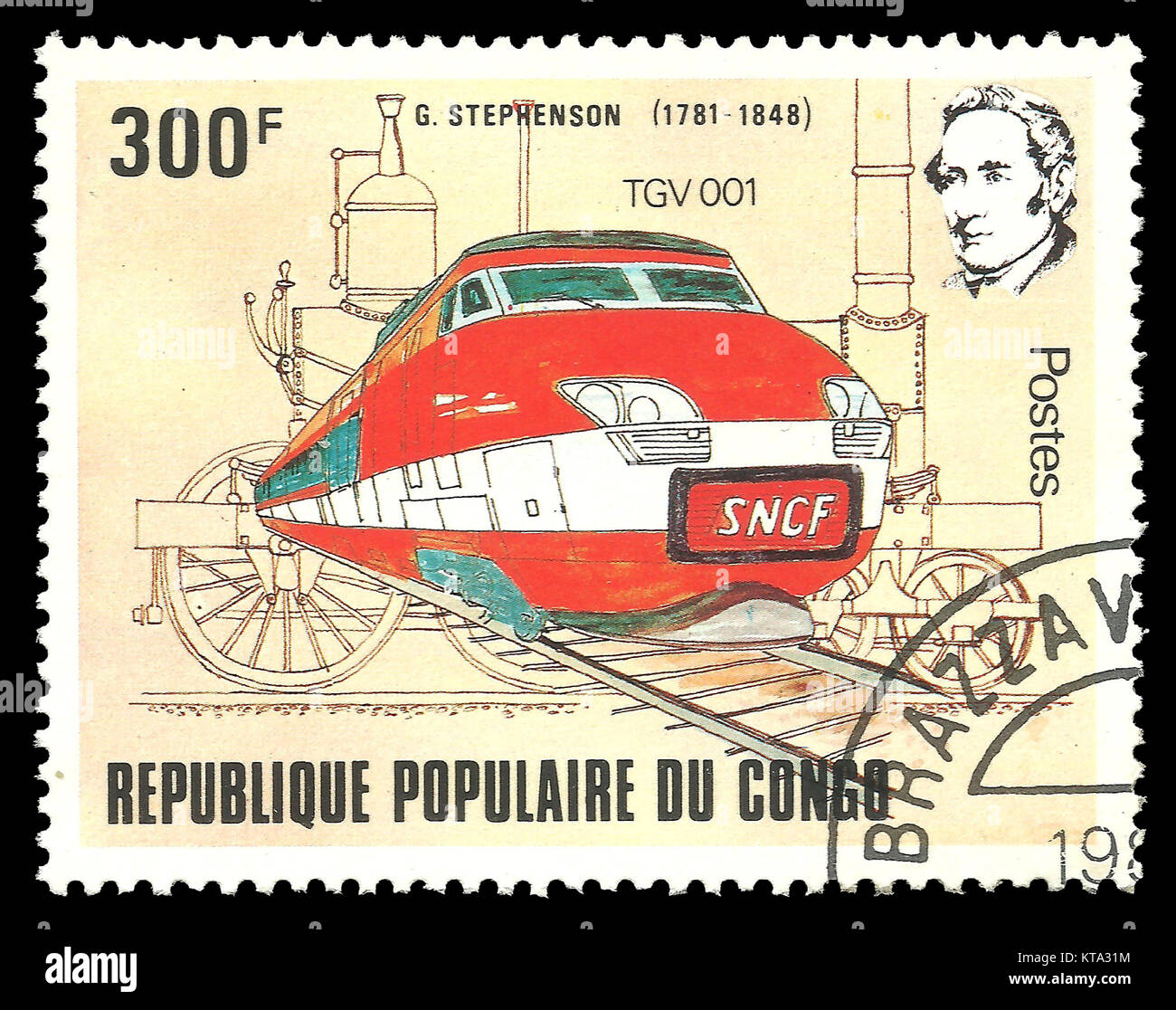 Congo - timbres en 1982 : Edition de couleur sur les chemins de fer consacré au 200e anniversaire de George Stephenson, la montre de couleur rouge Banque D'Images