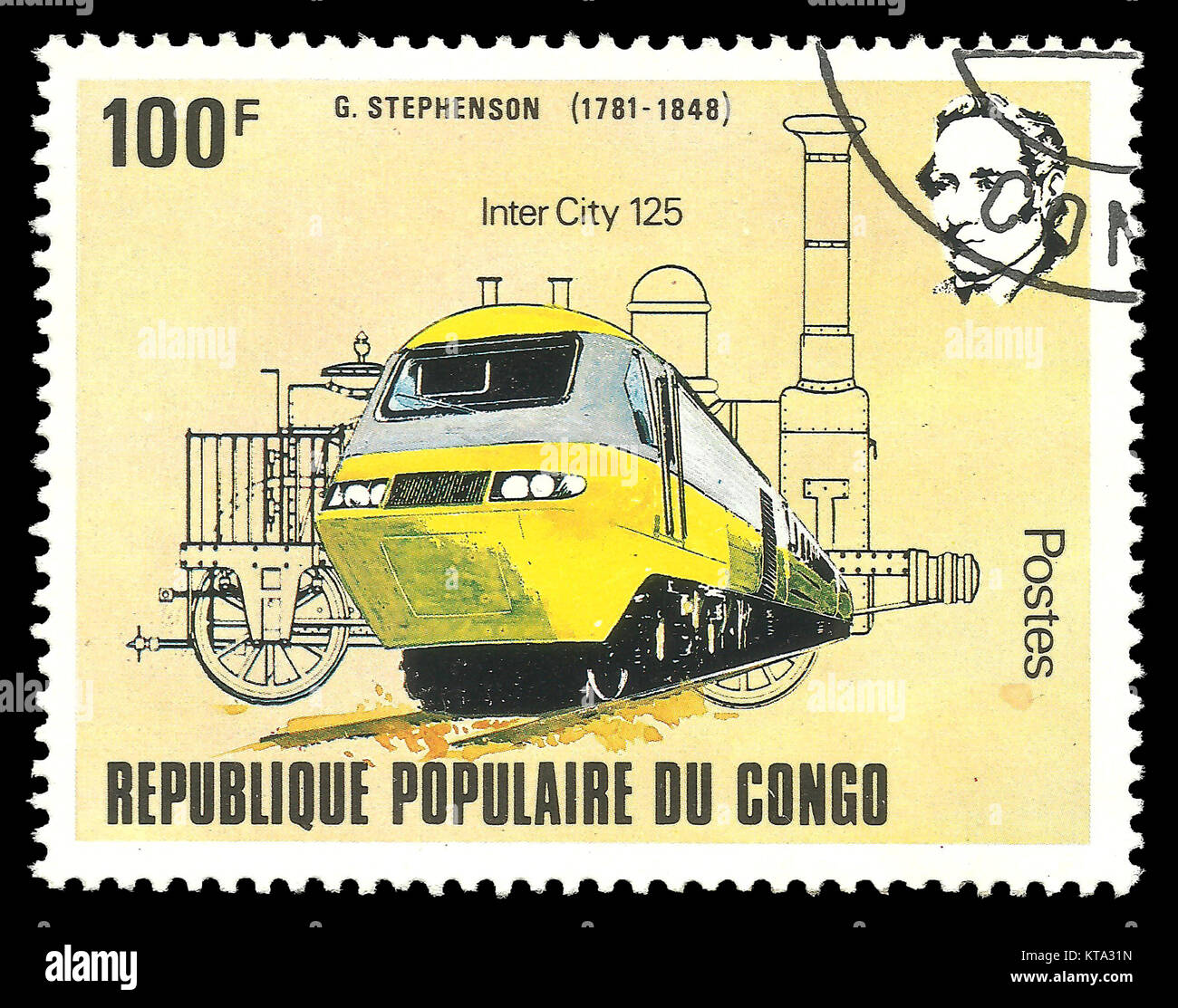 Congo - timbres en 1982 : Edition de couleur sur les chemins de fer consacré au 200e anniversaire de George Stephenson, montre train Intercity Banque D'Images