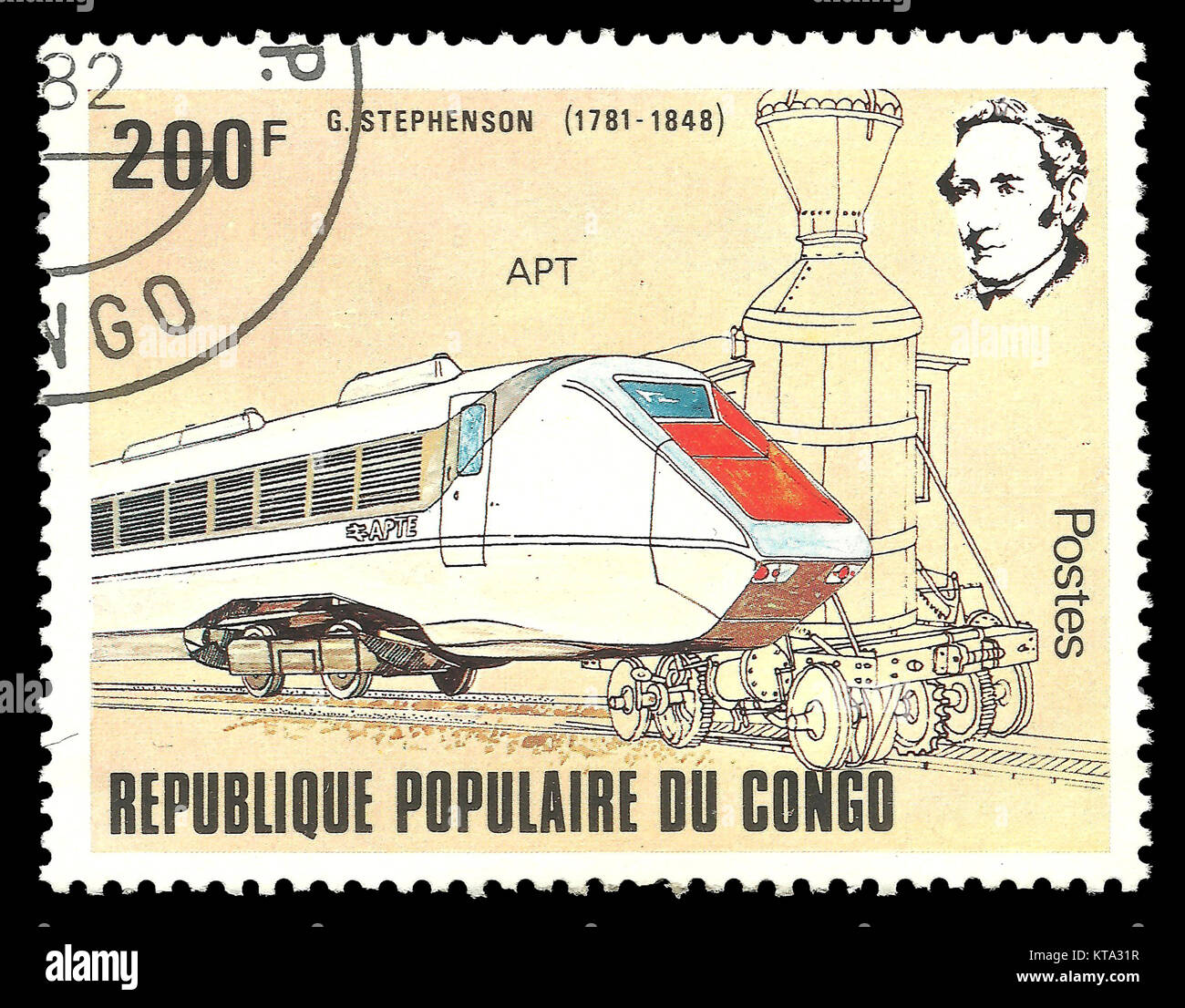 Congo - timbres en 1982 : Edition de couleur sur les chemins de fer consacré au 200e anniversaire de George Stephenson, la montre de couleur rouge et blanc Banque D'Images