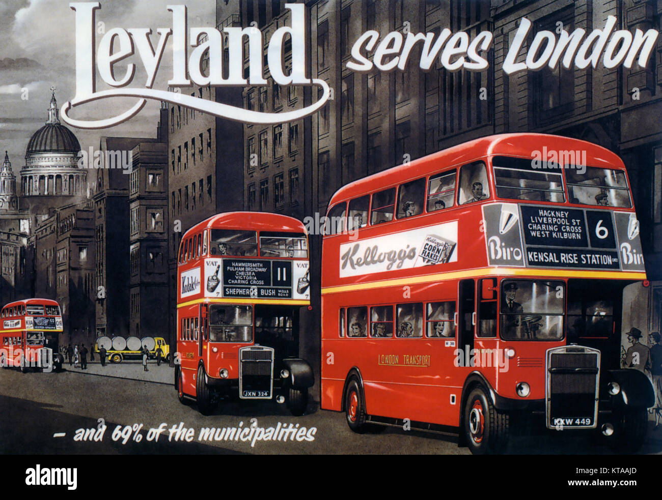 BRITISH Leyland Bus RT sur un 1950 annonce Banque D'Images