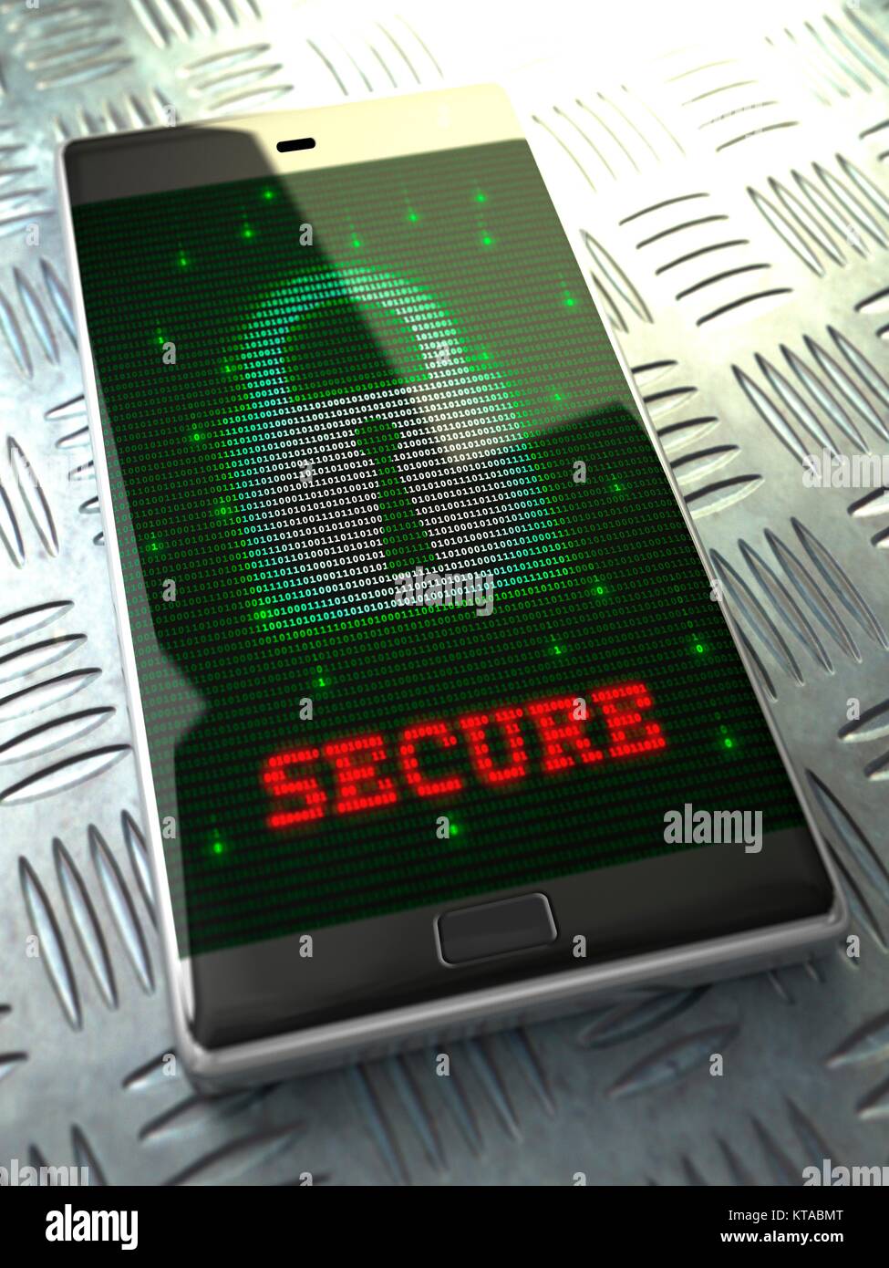 Smartphone et la sécurité des données, de l'illustration. Un smartphone générique est indiqué avec le mot 'secureâ€™ est indiqué sur son écran, avec une icône de cadenas composé de chiffres binaires, les uns et de zéros. Banque D'Images