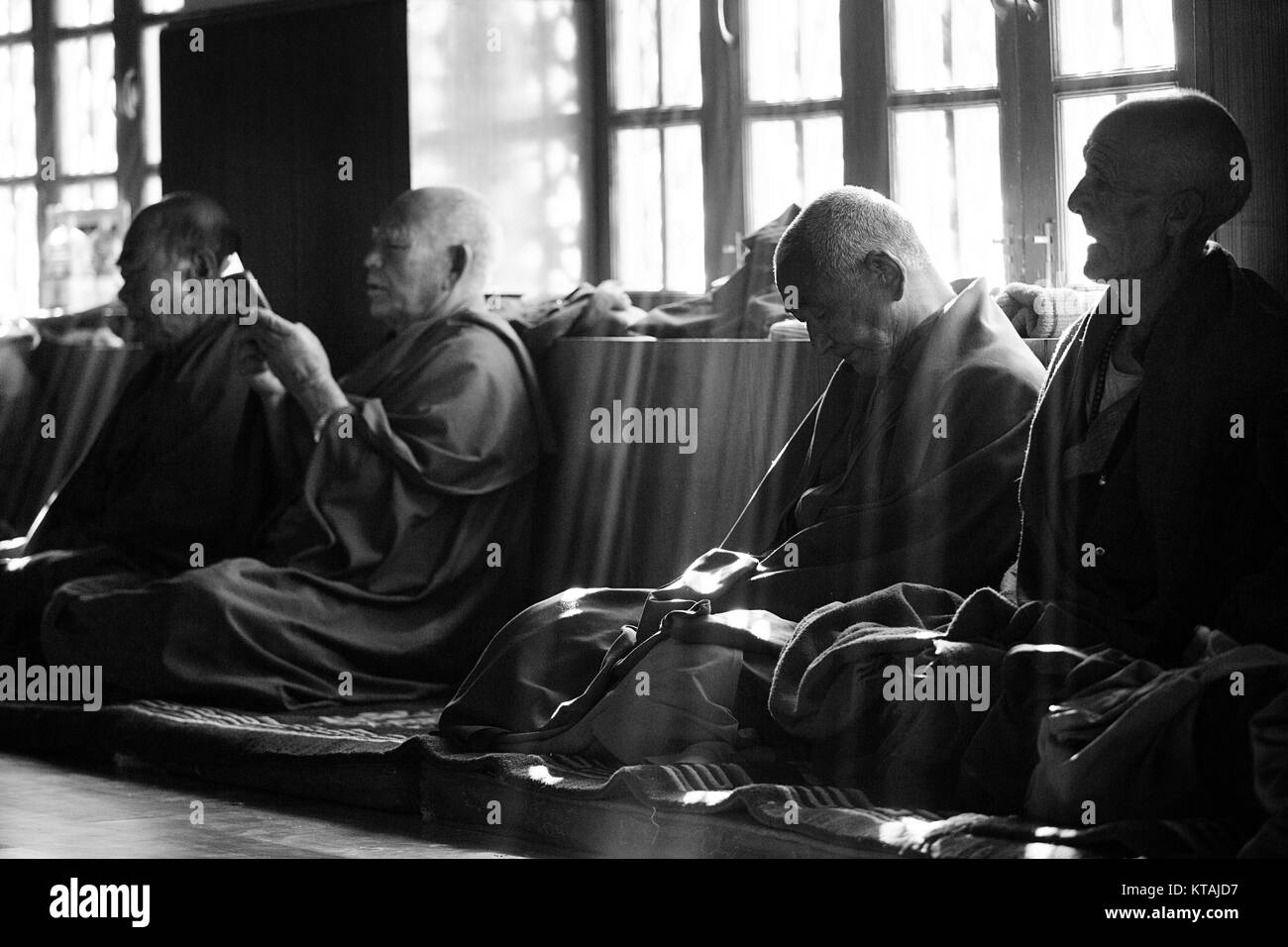 Les moines bouddhistes, assis à la fenêtre et priant jour de festival, le monastère de Diskit, La Vallée de Nubra, Ladakh, le Jammu-et-Cachemire, en Inde. Le noir et blanc Banque D'Images