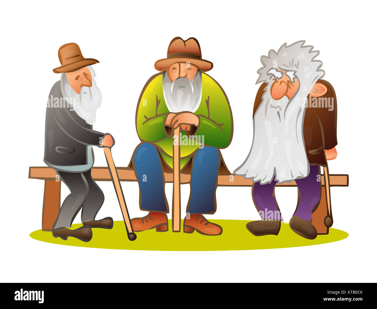 Funny trois vieux hommes assis sur le banc. Vieil homme avec chapeau et canne. Triste grand-père avec une longue barbe assis sur un banc. Loisirs à la retraite. Cartoon vector illustration en couleur sur fond blanc Banque D'Images