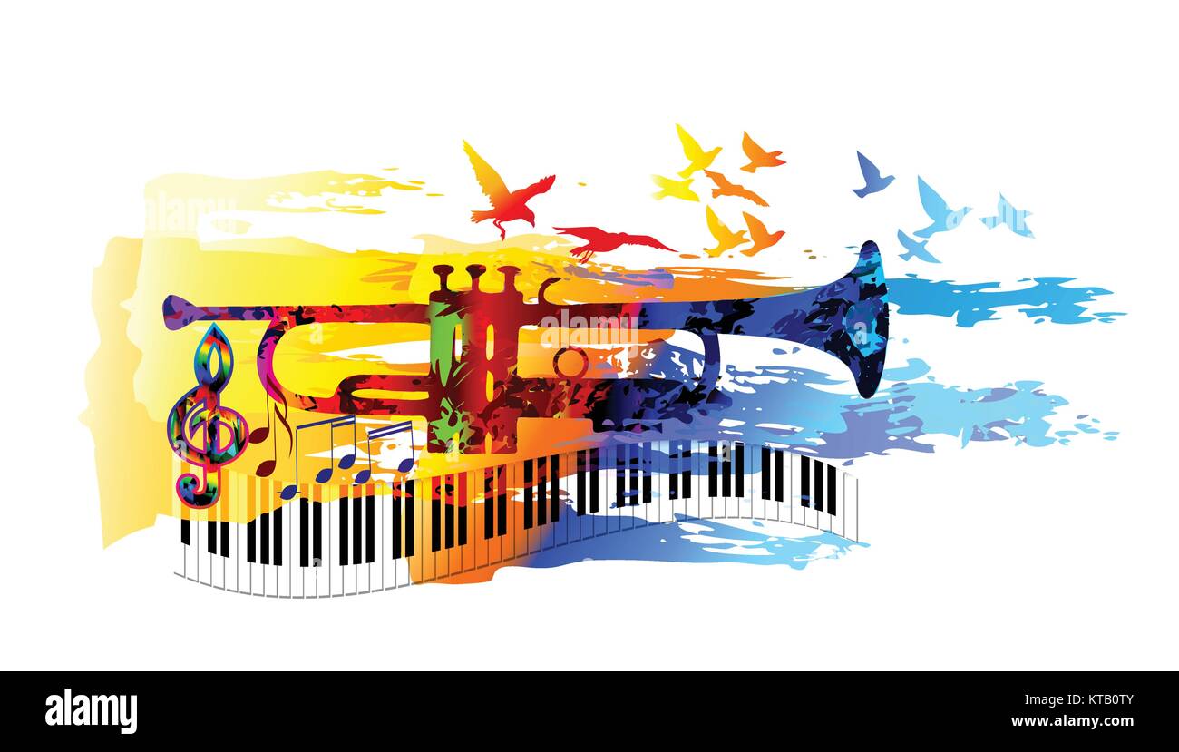 Arrière-plan de la musique colorée avec trompette, clavier de piano, les notes de musique et les oiseaux Illustration de Vecteur