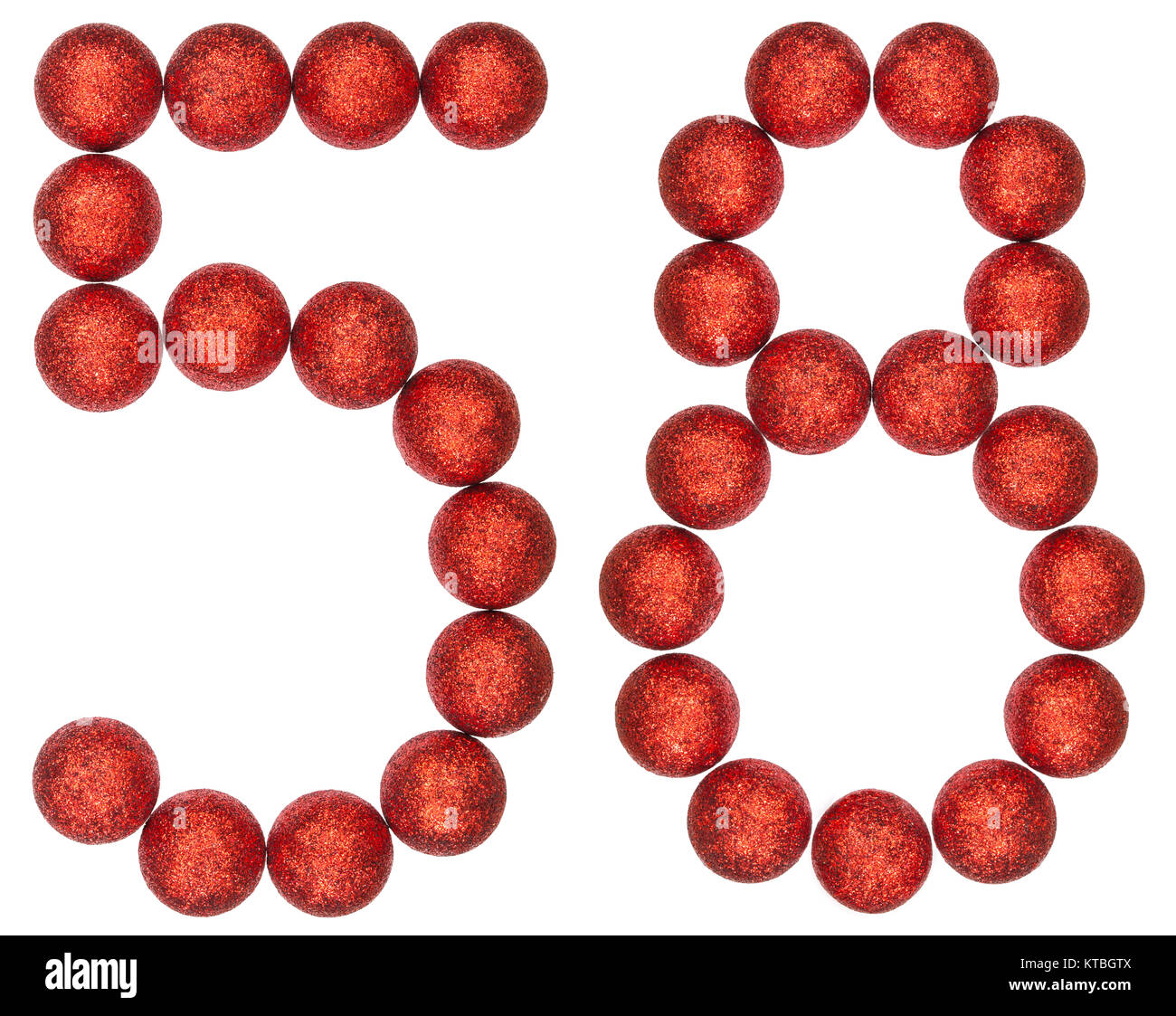 Chiffre 58, cinquante huit, de boules de décoration, isolé sur fond blanc Banque D'Images