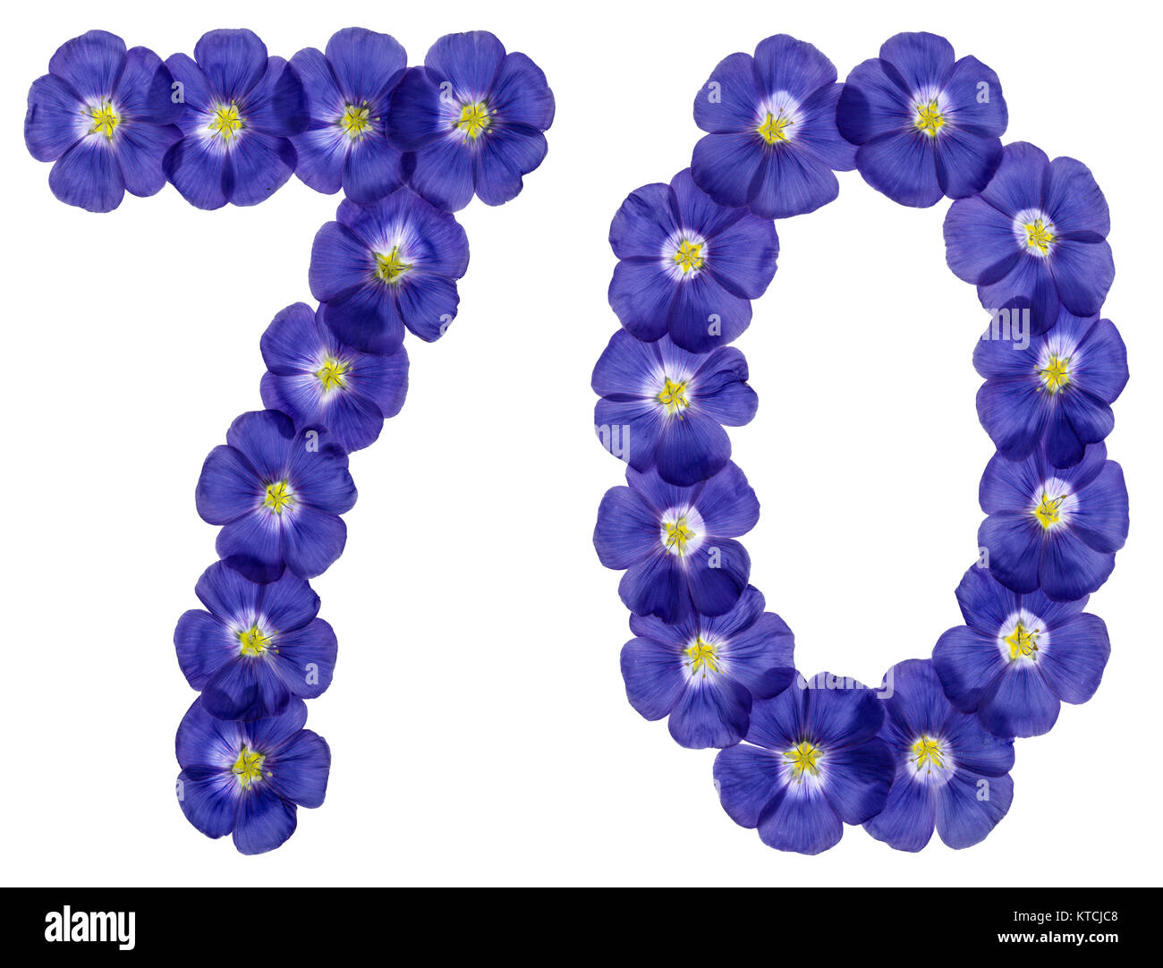 Chiffre arabe 70, soixante-dix, à partir de fleurs bleues du lin, isolé sur fond blanc Banque D'Images