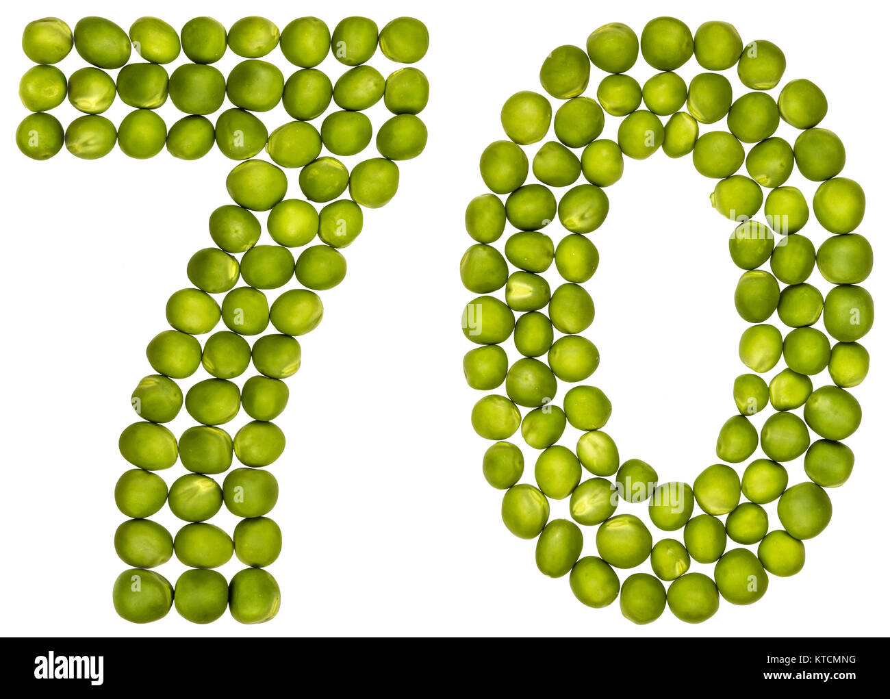 Chiffre arabe 70, soixante-dix, de pois verts, isolé sur fond blanc Banque D'Images