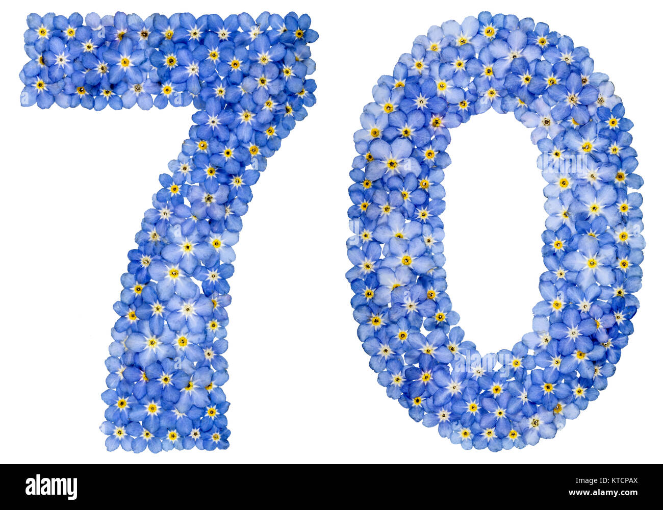 Chiffre arabe 70, soixante-dix, de blue forget-me-not fleurs, isolé sur fond blanc Banque D'Images