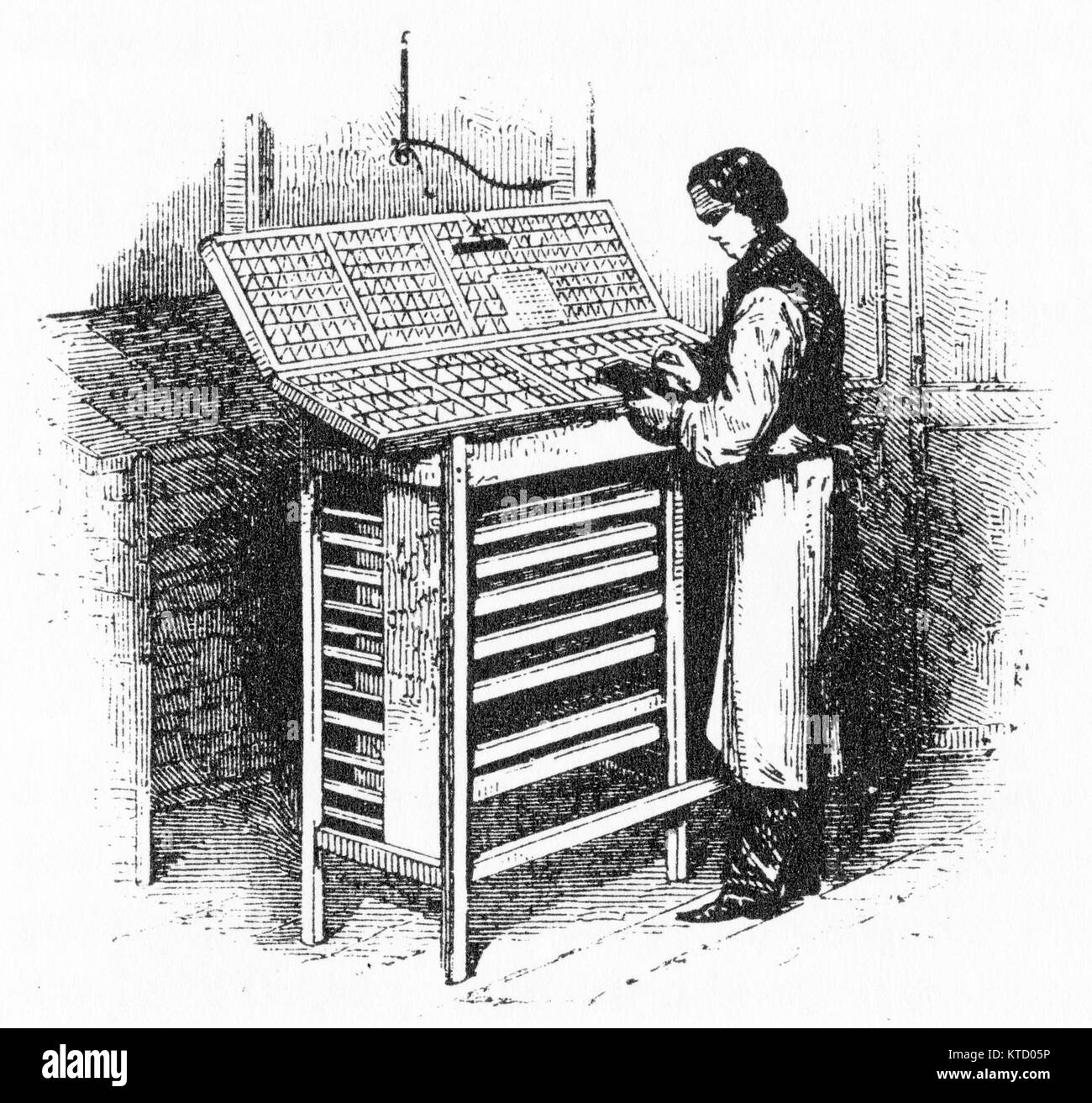 Gravure d'un compositeur travaillant dans une entreprise d'impression sélectionner type de l'affaire. À partir de l'établissement, par Harper Jacob Abbott, 1855. Banque D'Images