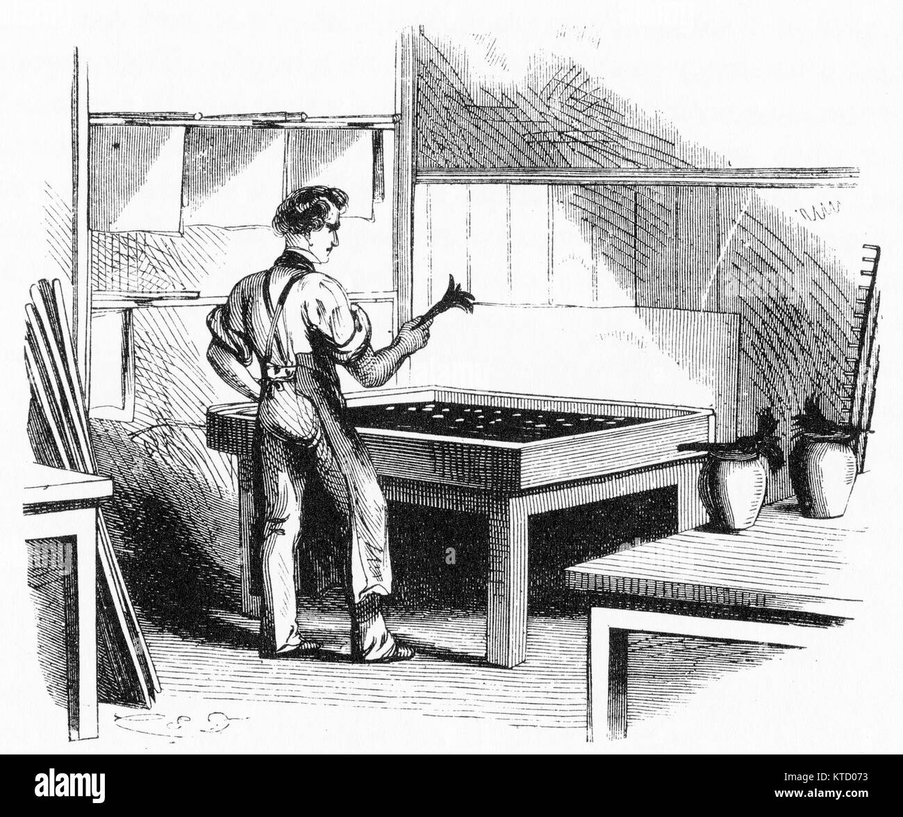 Gravure d'un travailleur de l'encre à base d'huile d'arrosage sur une cuve d'eau pour faire des livres sur pages de garde marbrées une imprimerie. À partir de l'établissement, par Harper Jacob Abbott, 1855. Banque D'Images