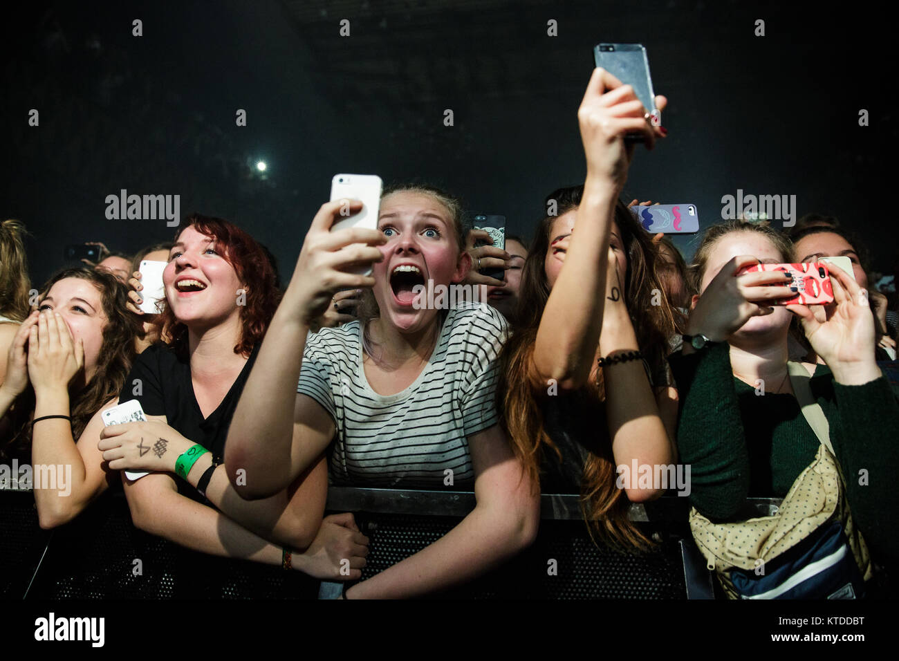 Concert des amateurs chez les femelles assister à un concert avec le groupe de rock anglais The 1975 VEGA à Copenhague. Les filles utilisent leurs téléphones intelligents pour filmer et prendre des photos de leurs idoles. Le Danemark, 15/10 2014. Banque D'Images