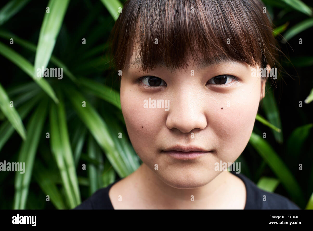 Portrait d'une jolie femme d'origine asiatique à la caméra à l'encontre de la nature et de feuilles vertes à l'extérieur. Chiang Mai, Thaïlande. Banque D'Images