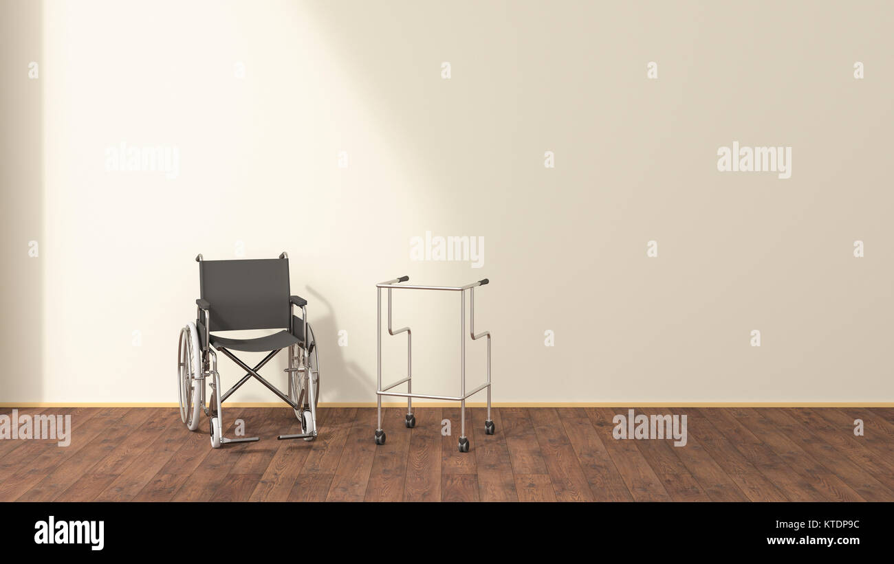 Fauteuil roulant et walker sur roues dans une salle d'attente, 3D Rendering Banque D'Images