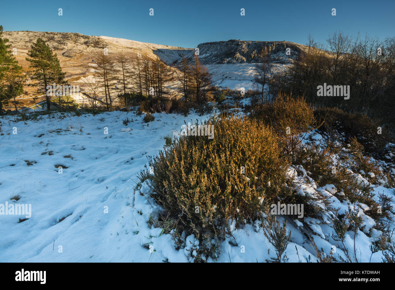 Rochers, arbres, neige et ciel bleu à Binn Green, Greenfield, Saddleworth, dans la partie nord du Peak District Banque D'Images
