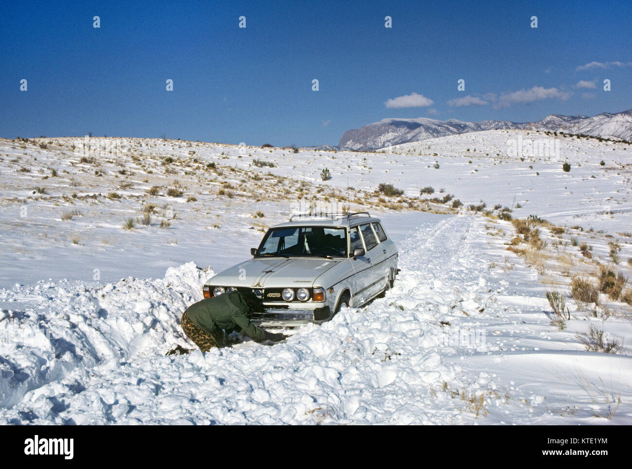 Une Turquie hunter perdue dans une tempête de neige printanière dans le freak gamme noir montagnes du sud Nouveau Mexique. Banque D'Images