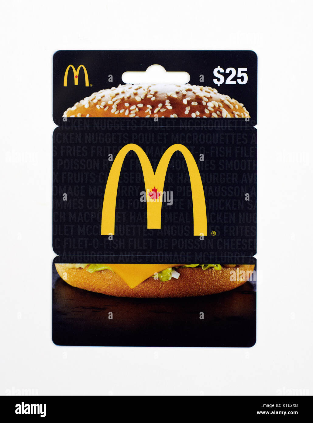 Montréal, Canada - 30 juillet 2017 : Mcdonald's 25 carte cadeau dollar sur fond blanc Banque D'Images