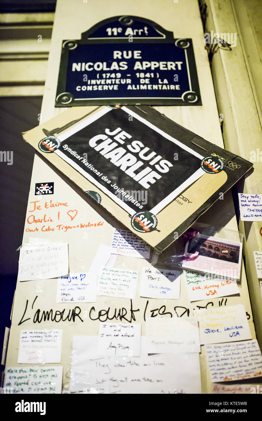 Hommage aux victimes de meurtre Charlie Hebdo à Paris le 7 janvier 2015. Banque D'Images