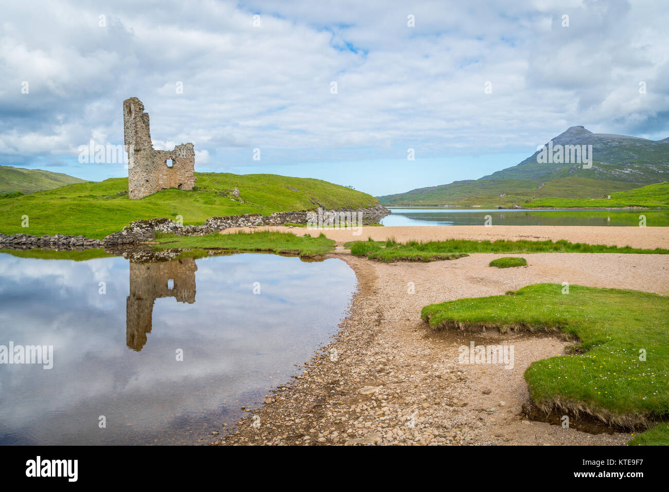 Ardvreck Castle, château en ruine près de Loch Assynt à Sutherland, de l'Écosse. Banque D'Images