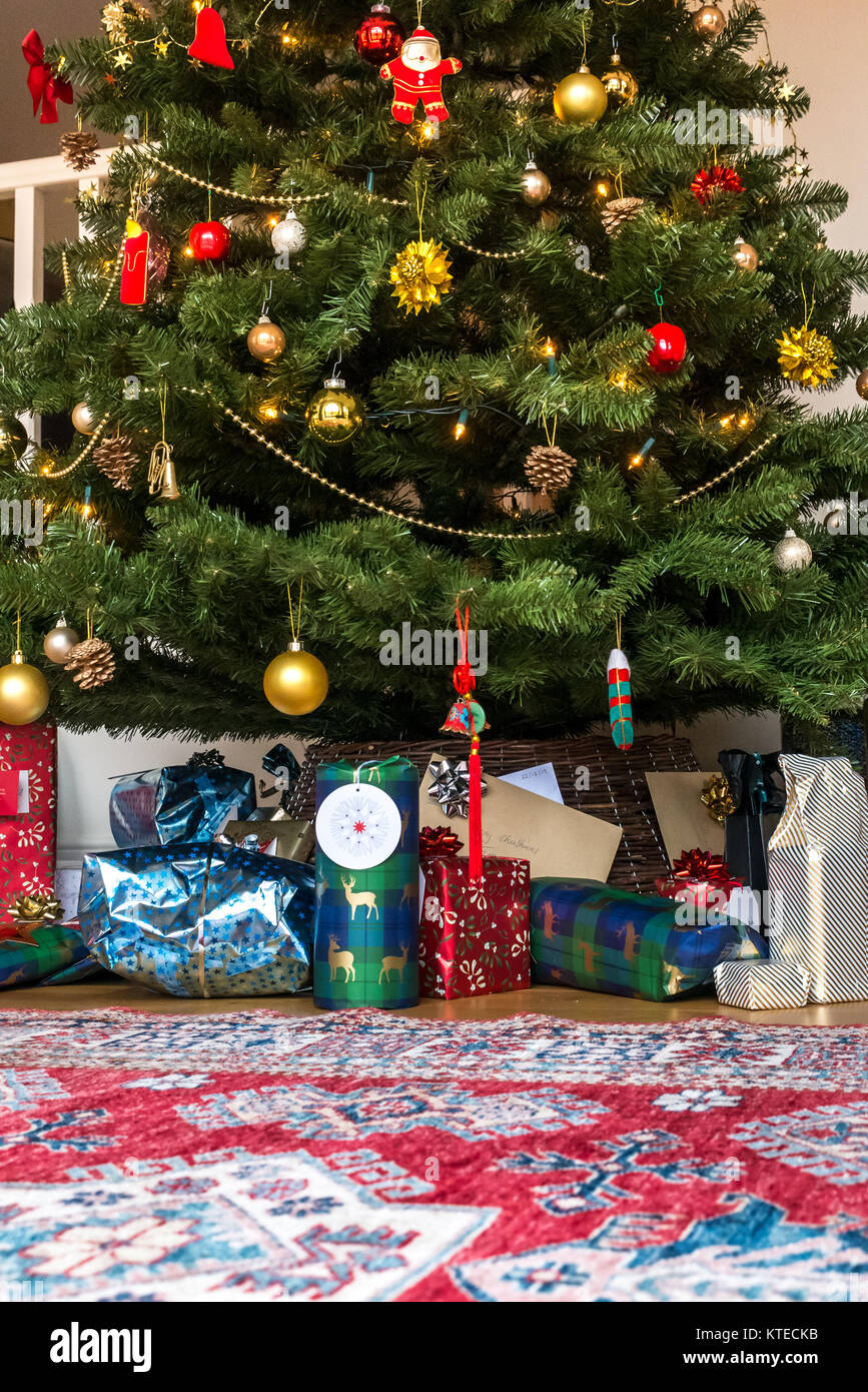 Enveloppé de Noël sous un arbre de Noël dans un salon familial avec un tapis persan Banque D'Images