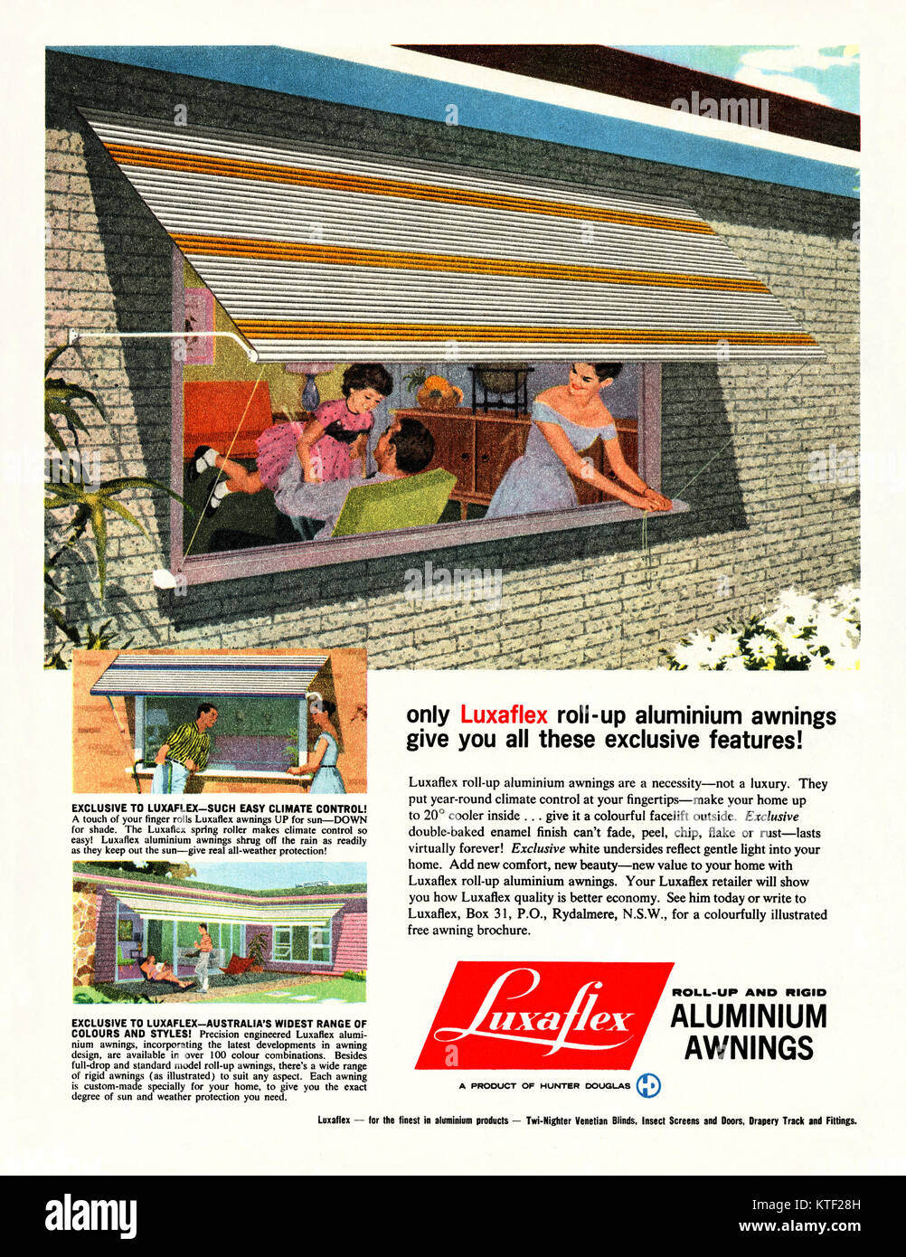 Une vieille publicité pour Luxaflex rideau aluminium stores - il est apparu dans un magazine australien en 1963. Les illustrations montrent les familles à profiter de la vie hors de la lumière du soleil à l'ombre des stores créer Banque D'Images