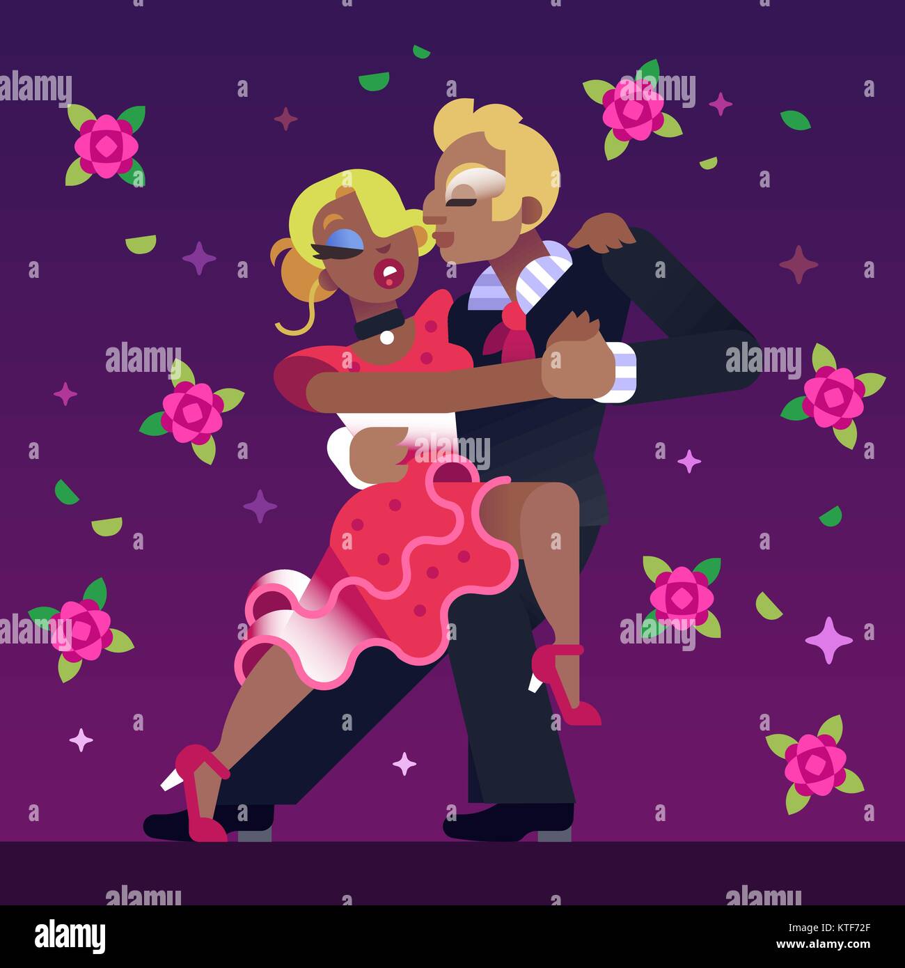 Tango danse de couple sur un fond violet à fleurs rouges Illustration de Vecteur