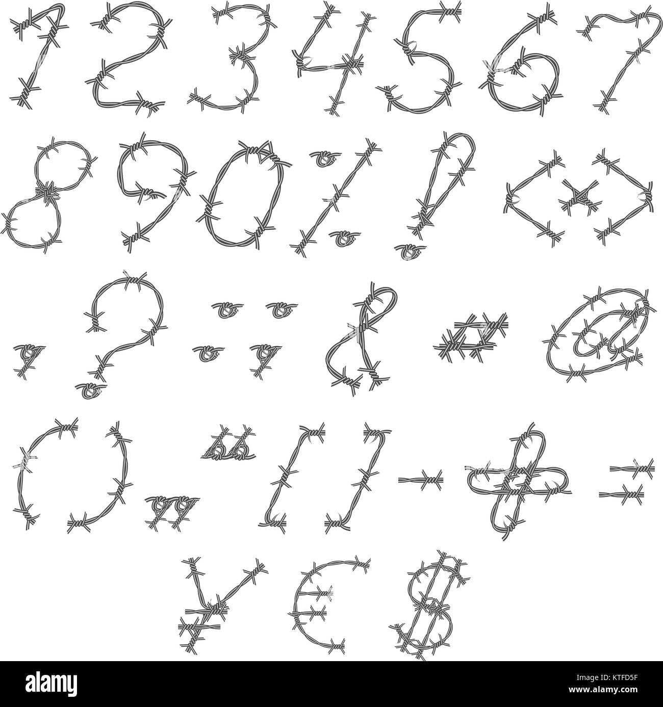 Barbelés Vector Font - Type - l'alphabet. Des chiffres et des caractères spéciaux. Illustration de Vecteur