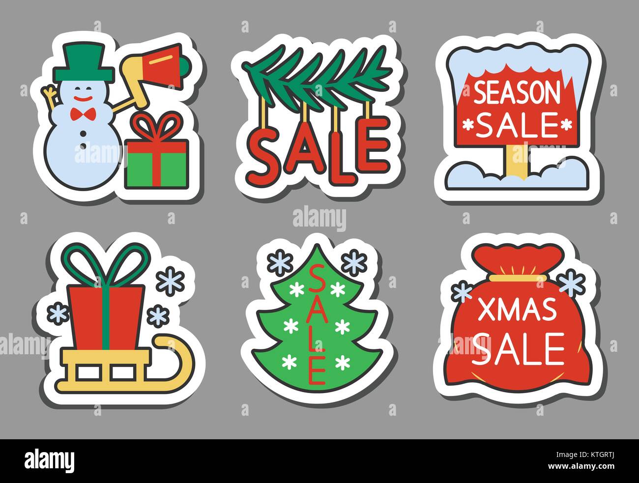 Saison de Noël vente Pictogramme autocollant set. Télévision couleur style nouvelle année badges jeu, web, des bannières, des affaires, de l'emblème, imprimer, tag, ad, étiquette, poster, coup Illustration de Vecteur