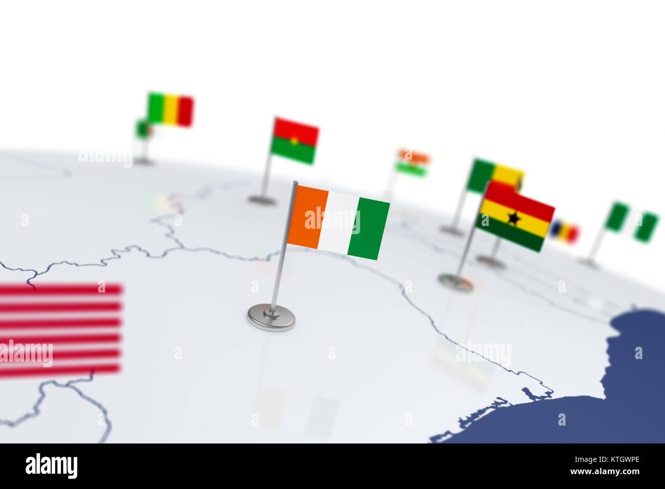 Cote Divoire drapeau. Drapeau du pays avec mât de chrome sur la carte du monde avec les frontières des pays voisins. Illustration 3D Rendering Banque D'Images