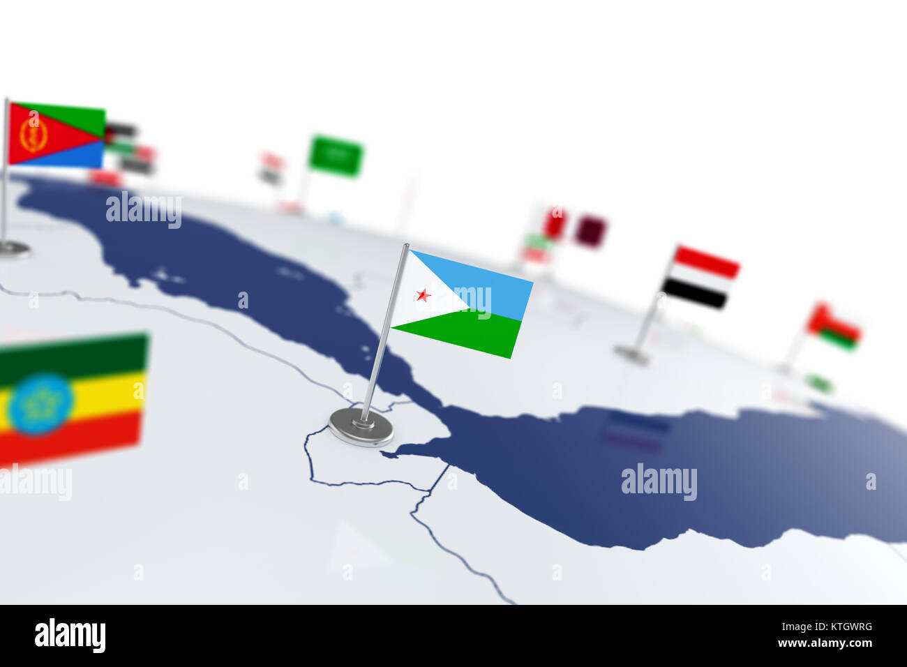 Djibouti Drapeau Drapeau Du Pays Avec Mat De Chrome Sur La Carte Du Monde Avec Les Frontieres Des Pays Voisins Illustration 3d Rendering Photo Stock Alamy