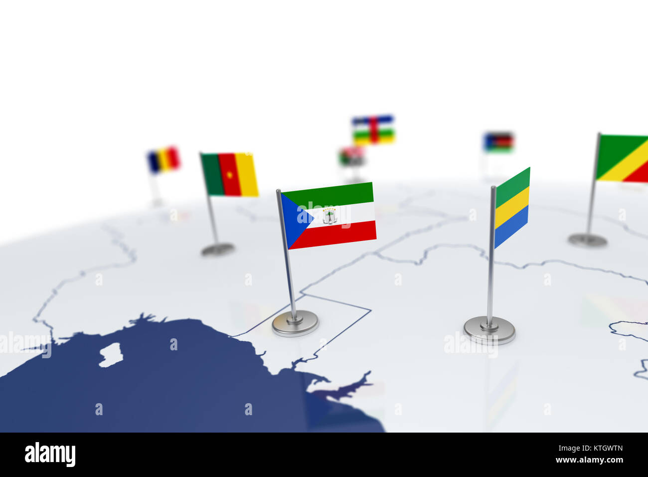 Drapeau de la Guinée équatoriale. Drapeau du pays avec mât de chrome sur la carte du monde avec les frontières des pays voisins. Illustration 3D Rendering Banque D'Images