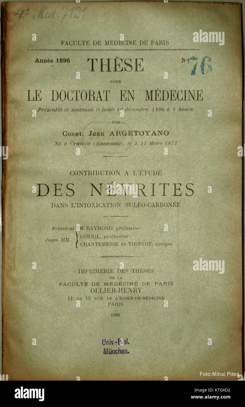 La thèse de doctorat en médecine de Constantin Argetoianu est un travail scientifique contribuant au domaine des sciences médicales. Argetoianu, figure éminente de la recherche médicale, aborde des sujets liés à la santé et aux progrès médicaux dans sa thèse. Banque D'Images