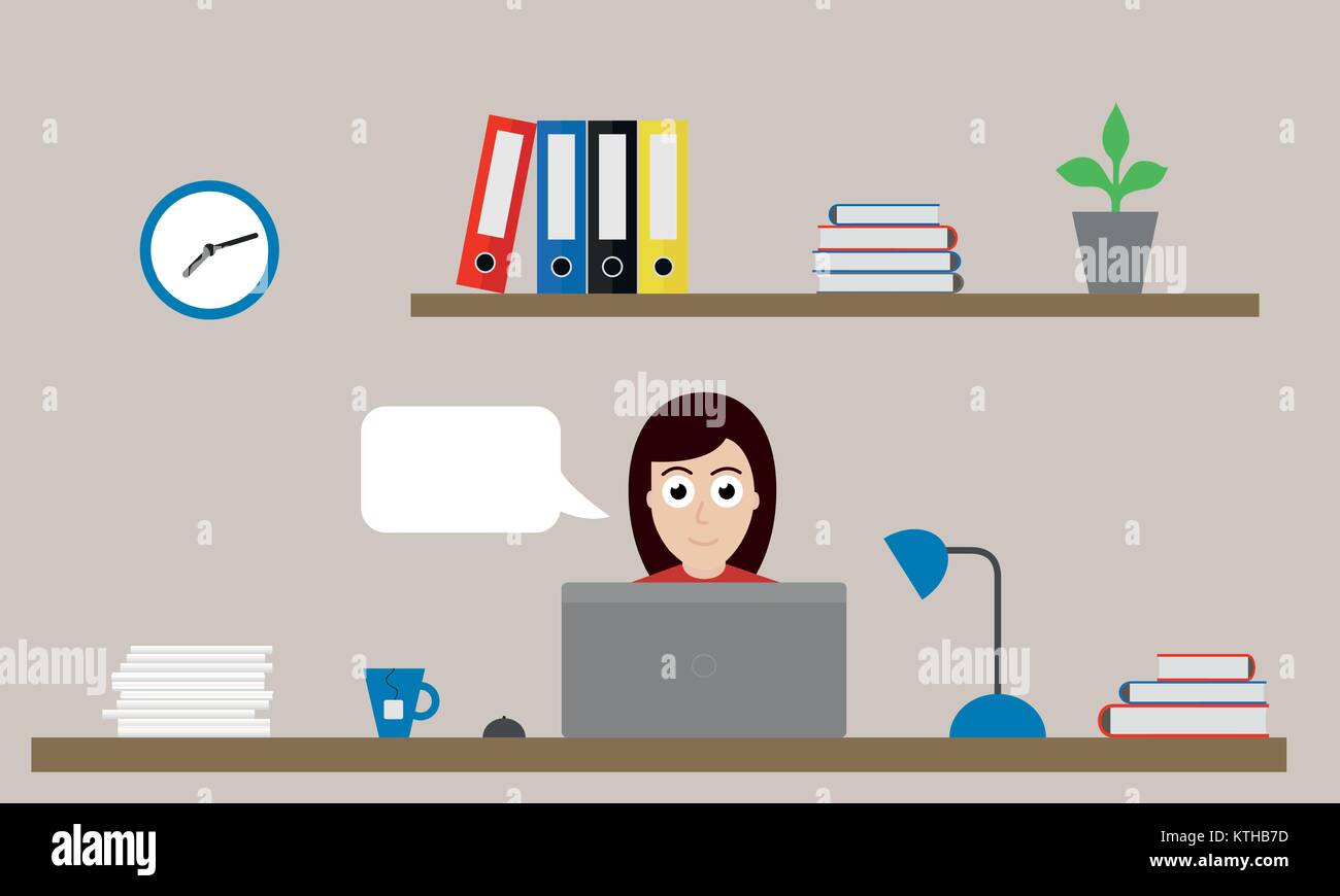 Vector illustration d'office avec horloge, dossiers et fleur sur étagère et woman sitting at desk with laptop, souris, thé et lampe Illustration de Vecteur