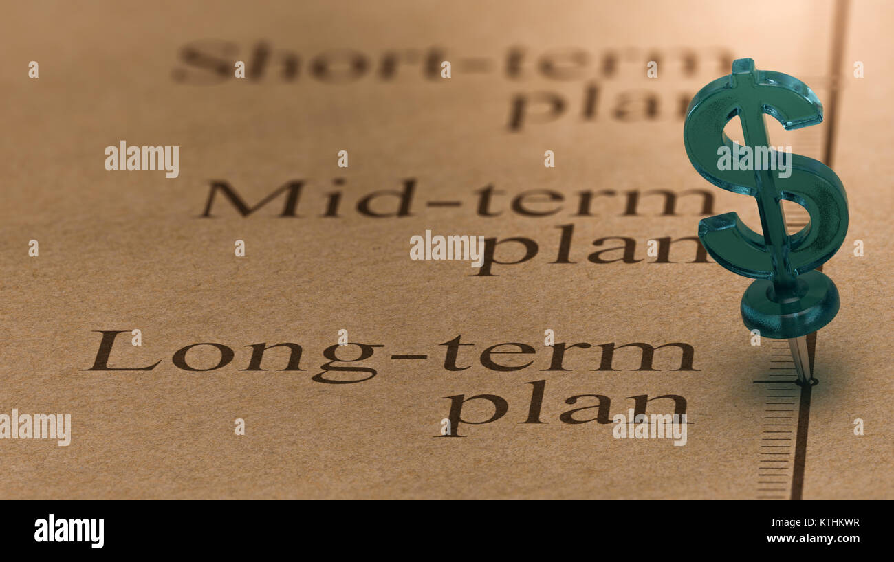 Punaise en forme de dollar, se languissait d'un calendrier en face du texte plan à long terme. Concept de plan d'investissements à long terme Banque D'Images