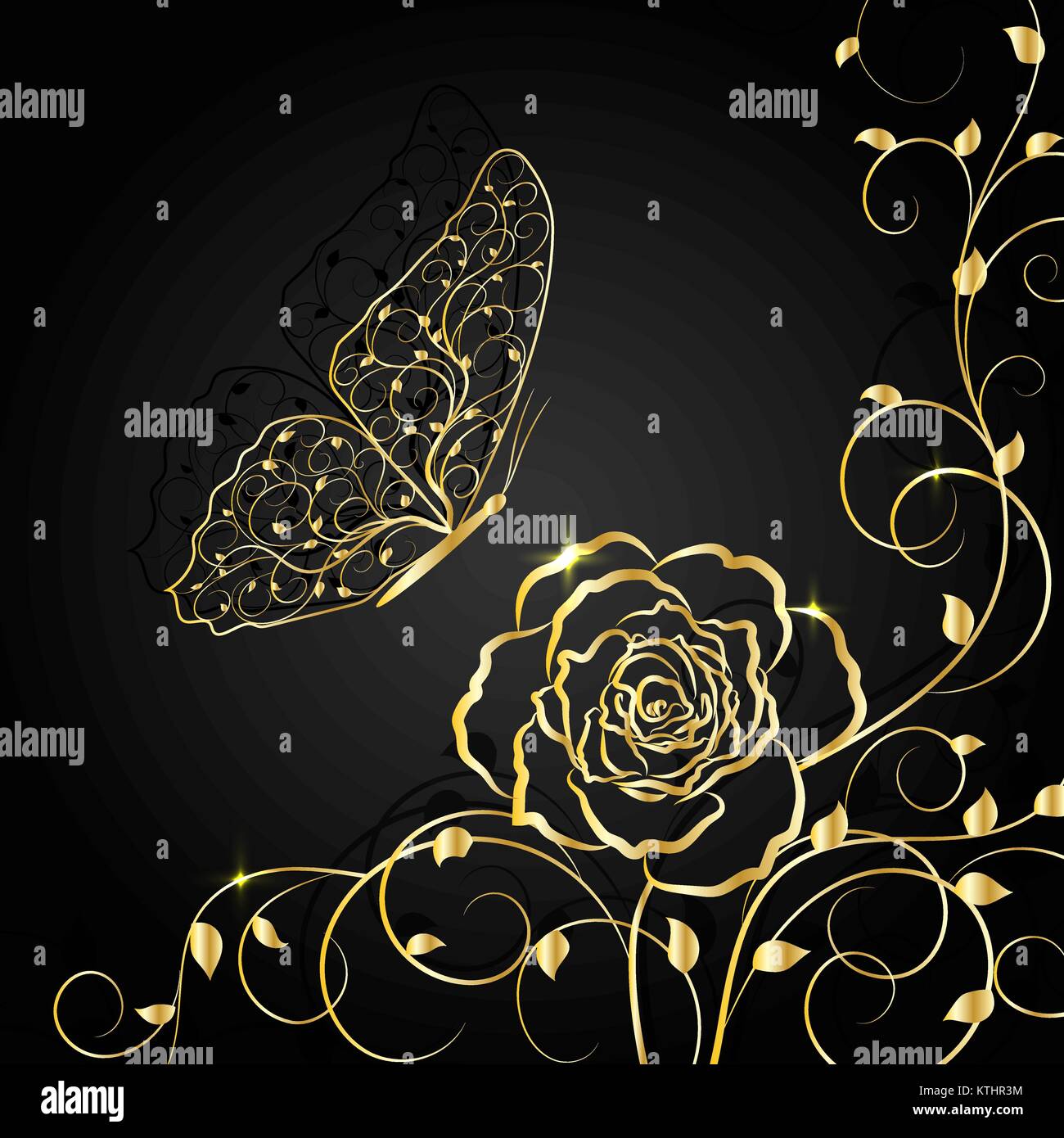 Motif floral et papillon d'or sur fond noir Illustration de Vecteur