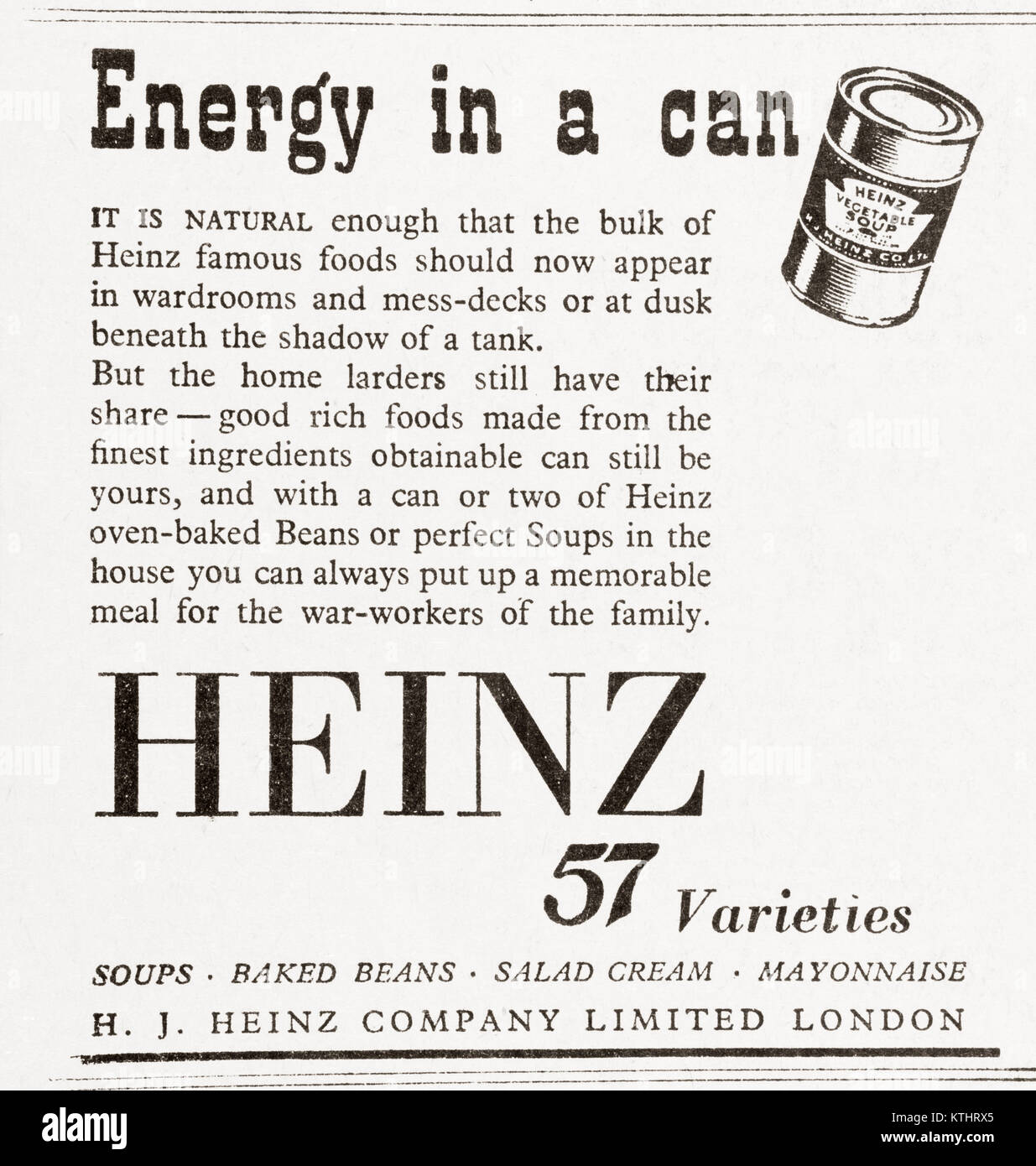 1943 publicité pour les variétés 57 Heinz aliments en conserve. À partir de The Daily Telegraph, 18 mai 1943. Banque D'Images