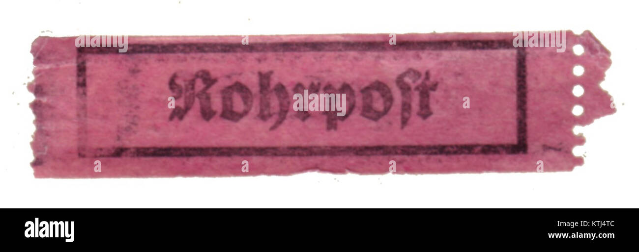 Les 'Berlin Rohrpost Kleber Schwabacher' sont des étiquettes adhésives utilisées pour identifier les articles de poteau pneumatique à Berlin et Munich. Introduites en 1936, ces étiquettes étaient imprimées en caractères Schwabacher, une police gothique répandue en Allemagne avant 1941. Pour des raisons idéologiques, l'utilisation de l'écriture Schwabacher a été interdite en 1941, conduisant à l'adoption de l'écriture Antiqua pour ces étiquettes. Banque D'Images Les 'Berlin Rohrpost Kleber Schwabacher' sont des étiquettes adhésives utilisées pour identifier les articles de poteau pneumatique à Berlin et Munich. Introduites en 1936, ces étiquettes étaient imprimées en caractères Schwabacher, une police gothique répandue en Allemagne avant 1941. Pour des raisons idéologiques, l'utilisation de l'écriture Schwabacher a été interdite en 1941, conduisant à l'adoption de l'écriture Antiqua pour ces étiquettes. Banque D'Images